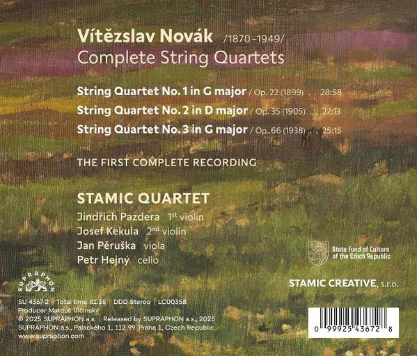 Rückseite eines CD-Covers. Zeigt ein Landschaftsbild. Text listet die Titel und die Mitglieder des Stamic Quartetts auf.