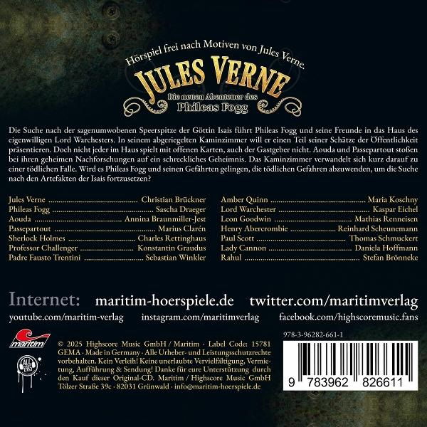 Hörspielcover mit Titel "Jules Verne Die neuen Abenteuer des Phileas Fogg" und Sprecherliste.