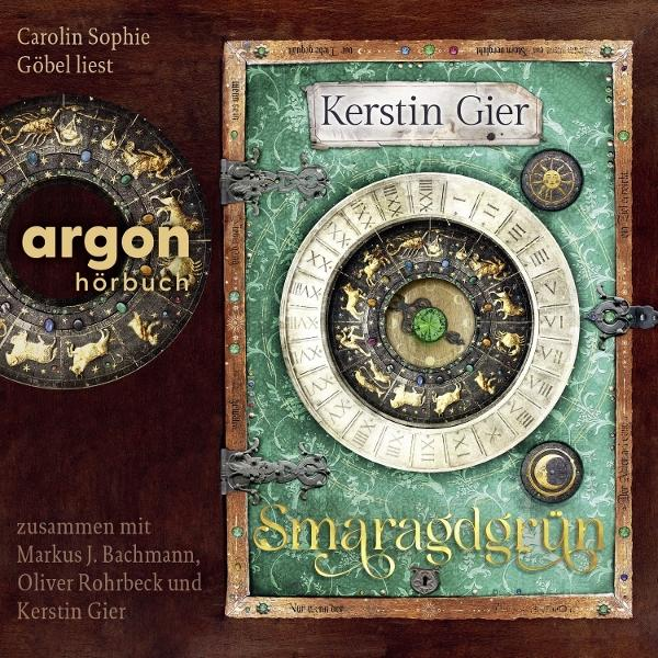 Buchcover. Eine alte Uhr mit einem Tierkreisrad ist abgebildet. Der Name des Autors ist Kerstin Gier, mit dem Titel 'Smaragdgrün'.