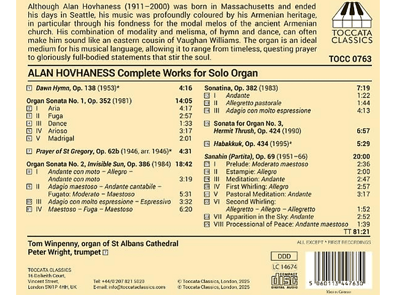 Thumbnail - Tom Winpenny (orgel) - Peter Wright (trompete) Hovhaness: Sämtliche Werke für Orgel solo (CD)