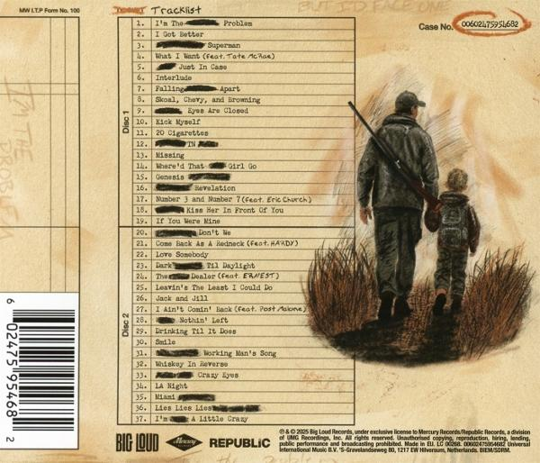 Albumcover mit einer Titelliste, einem Mann mit Gewehr und einem Kind auf einem Feld.