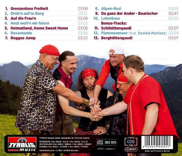 Rückseite des Albums: Sechs Männer versammeln sich. Trackliste mit Text sichtbar. Tyrolis Music-Logo unten.