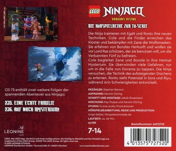Rückseite eines Lego Ninjago Hörbuchs. Text auf Deutsch. Lego-Figuren sind im Hintergrund.