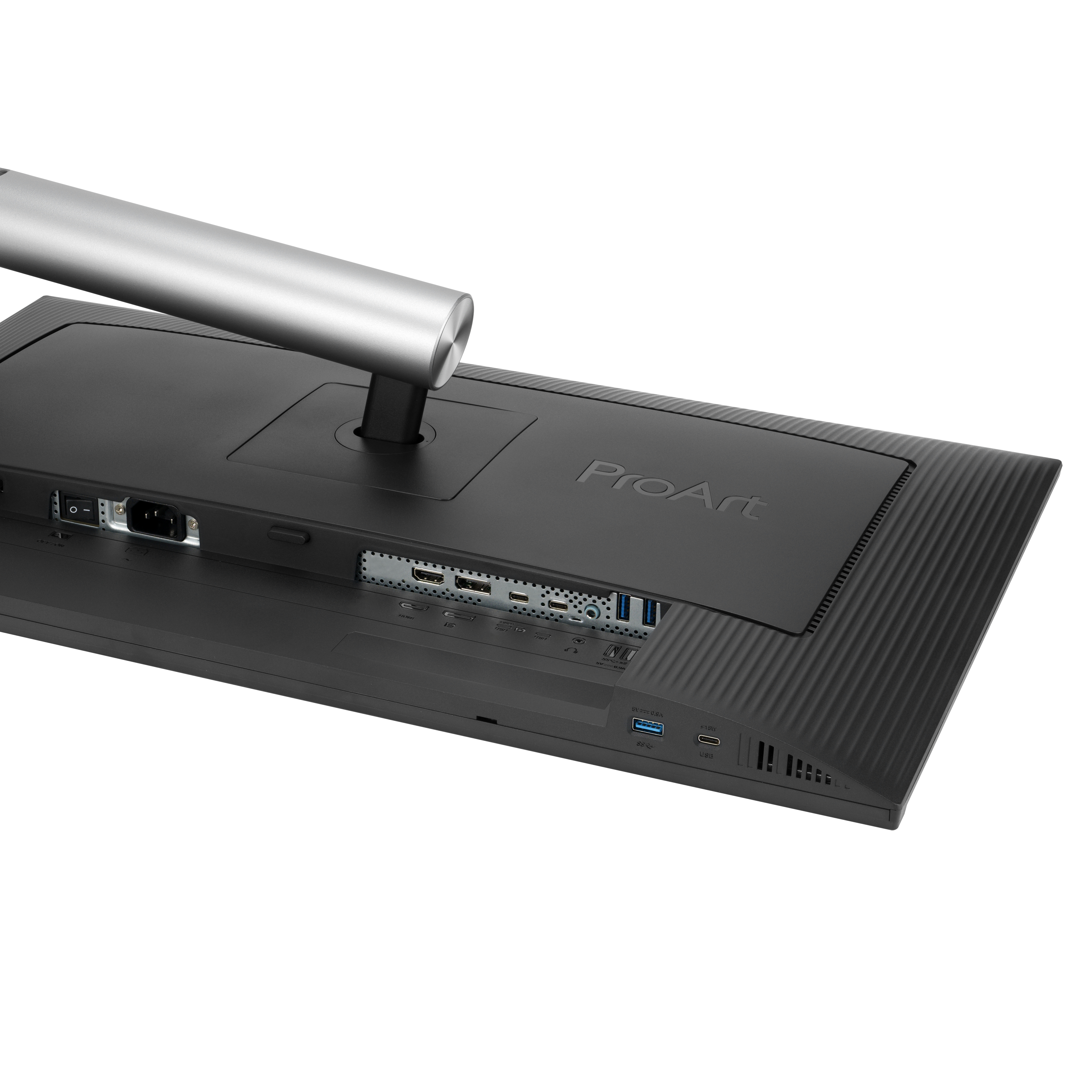 Rückansicht eines schwarzen Computermonitors mit Eingängen und silbernem Ständer.