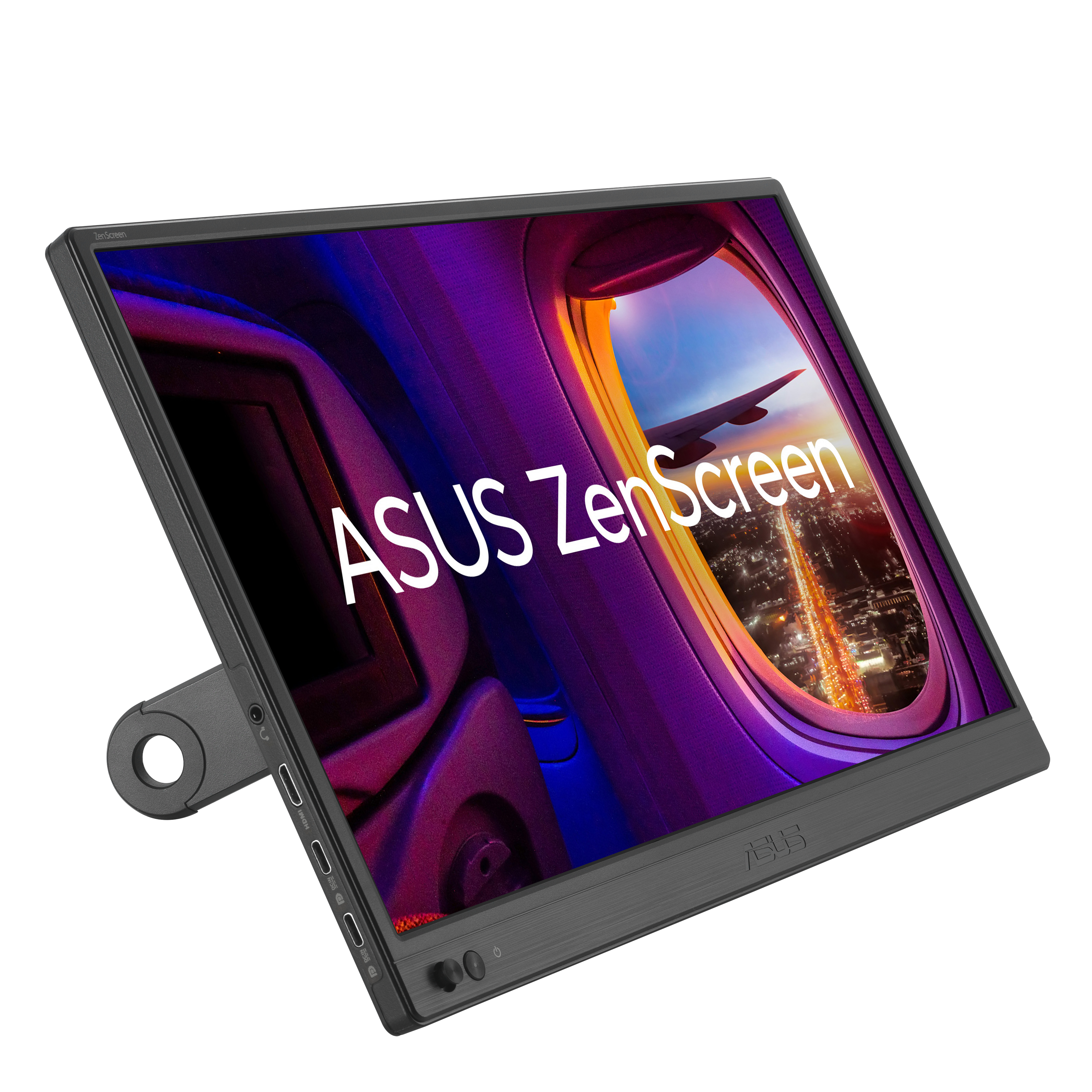 ASUS ZenScreen Monitor, Blick aus dem Flugzeugfenster, farbenfrohes Licht, schwarzer Rahmen.