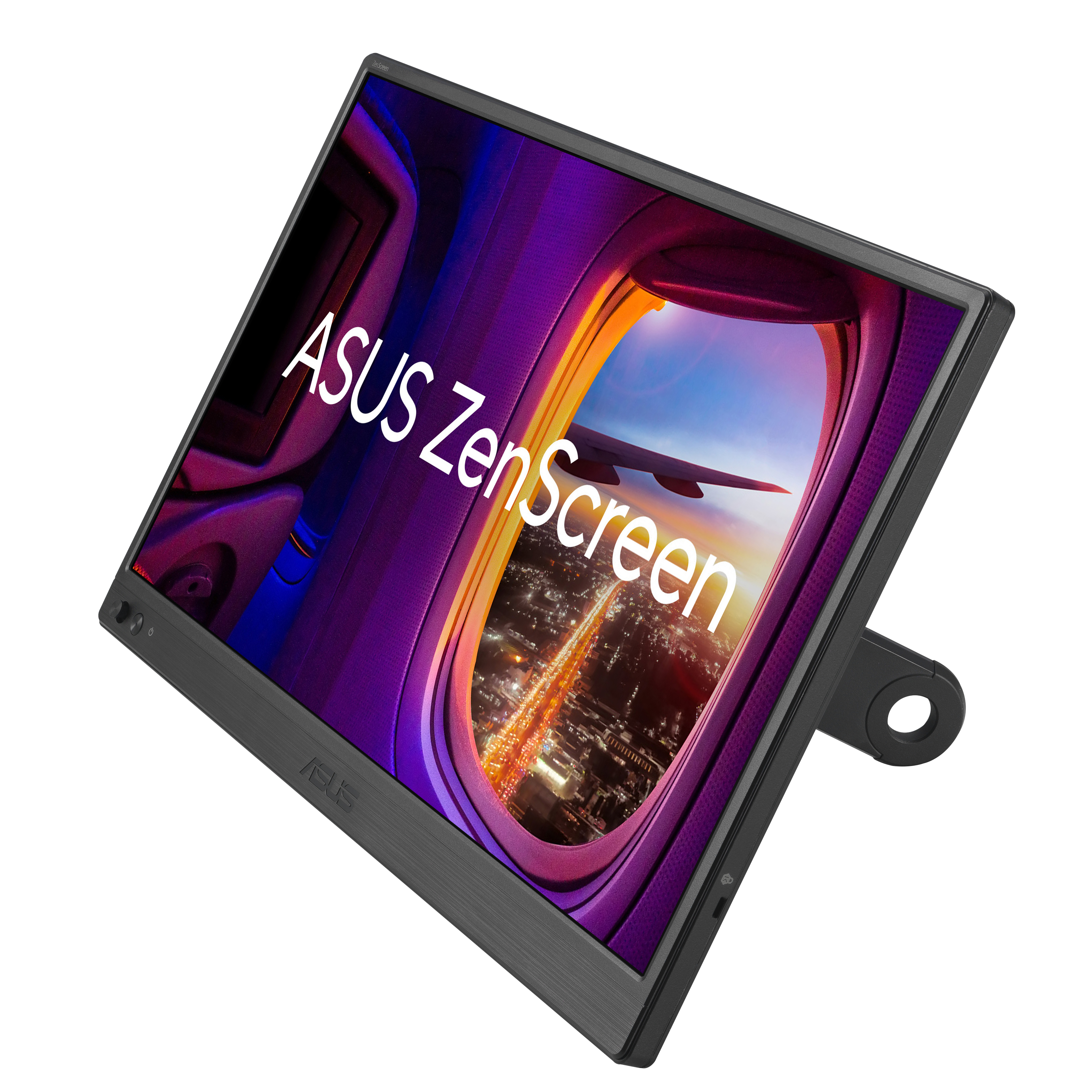 Rückseite des ASUS ZenScreen Monitors, Ständer, schwarze Farbe, Anschlüsse sichtbar.
