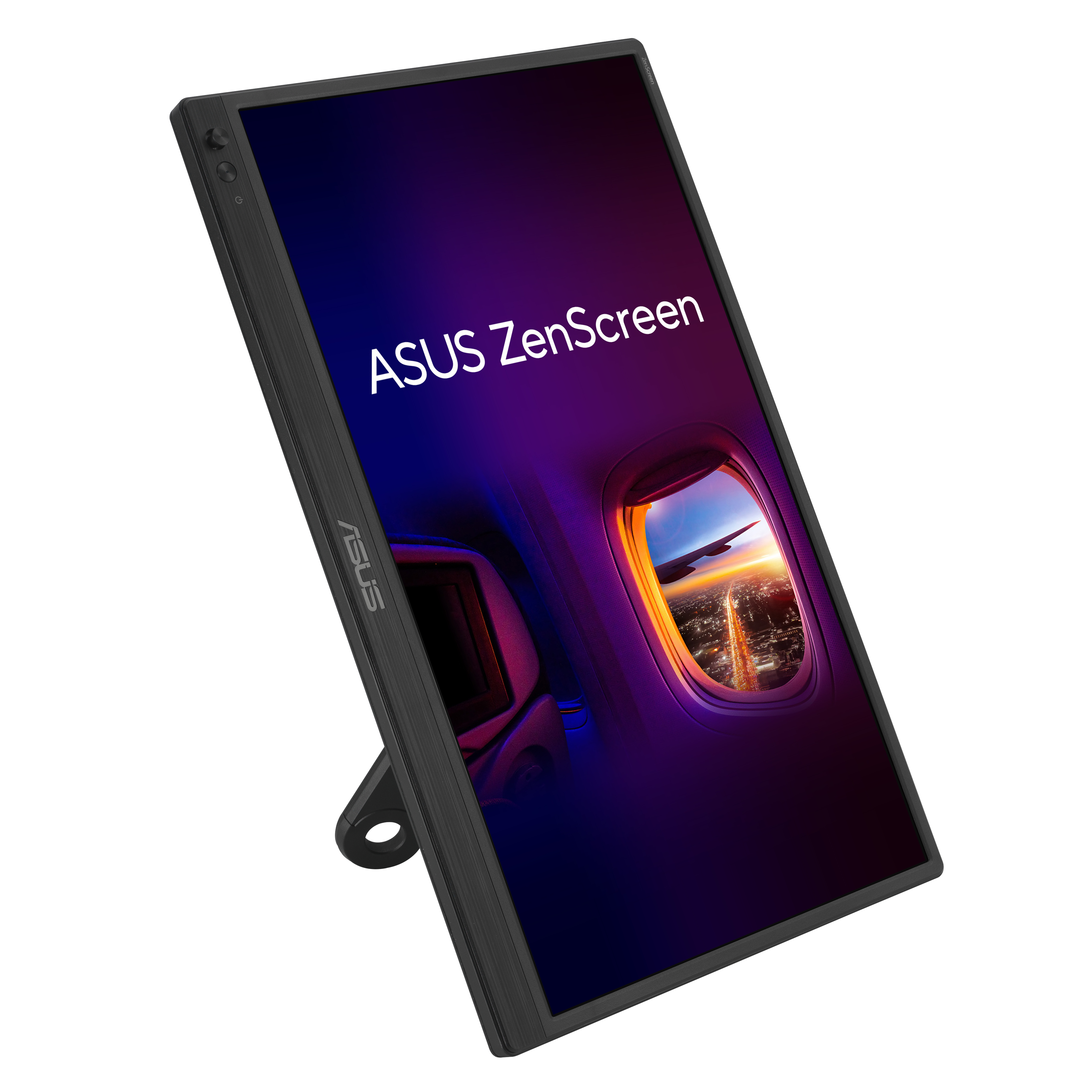 ASUS ZenScreen Monitor, Blick aus dem Flugzeugfenster, farbenfrohes Licht, schwarzer Rahmen.