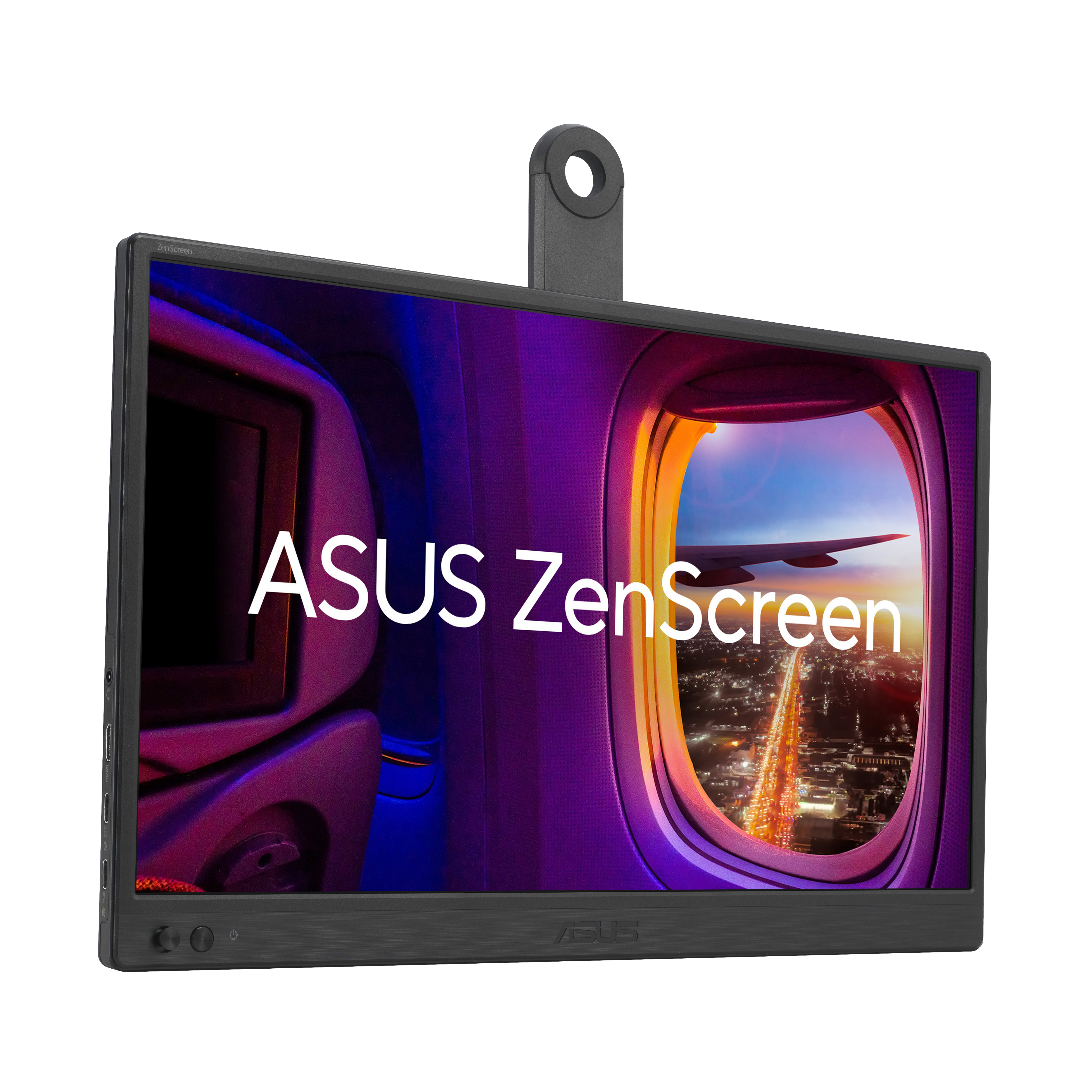 ASUS ZenScreen Monitor, Blick aus dem Flugzeugfenster, farbenfrohes Licht, schwarzer Rahmen.