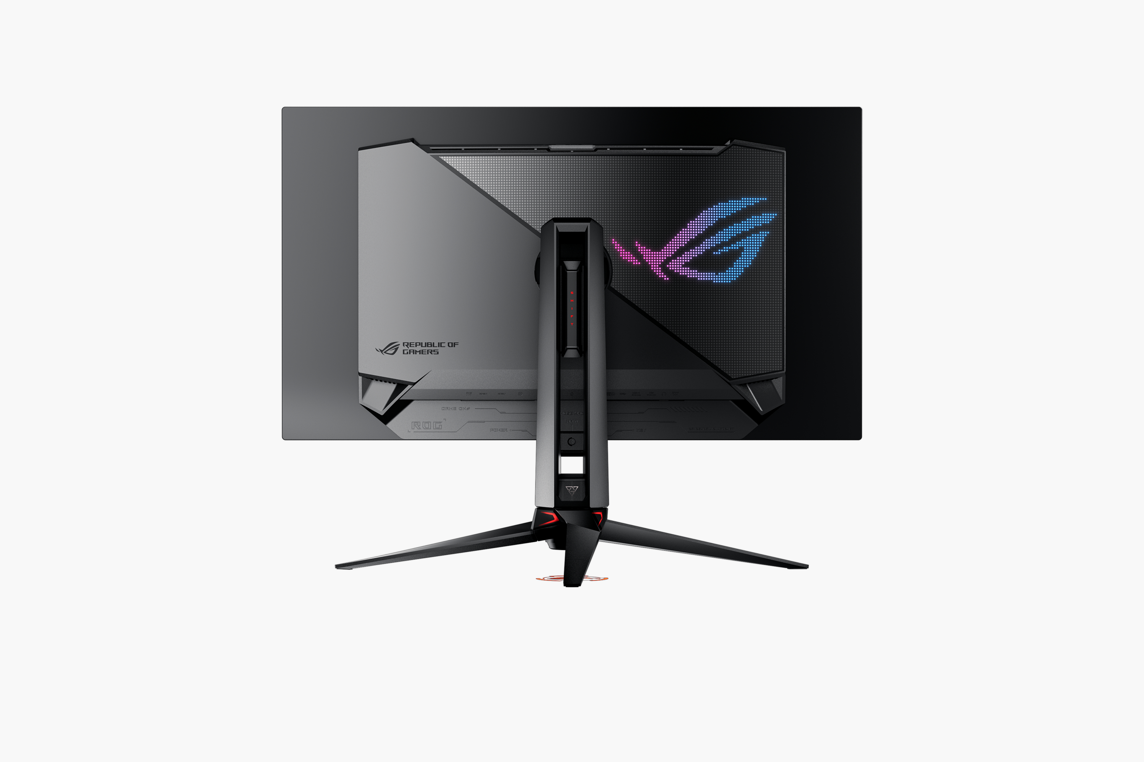 ASUS Gaming-Monitor, Rückansicht mit Ständer. Schwarz-Grau-Design, mit ROG-Logo.