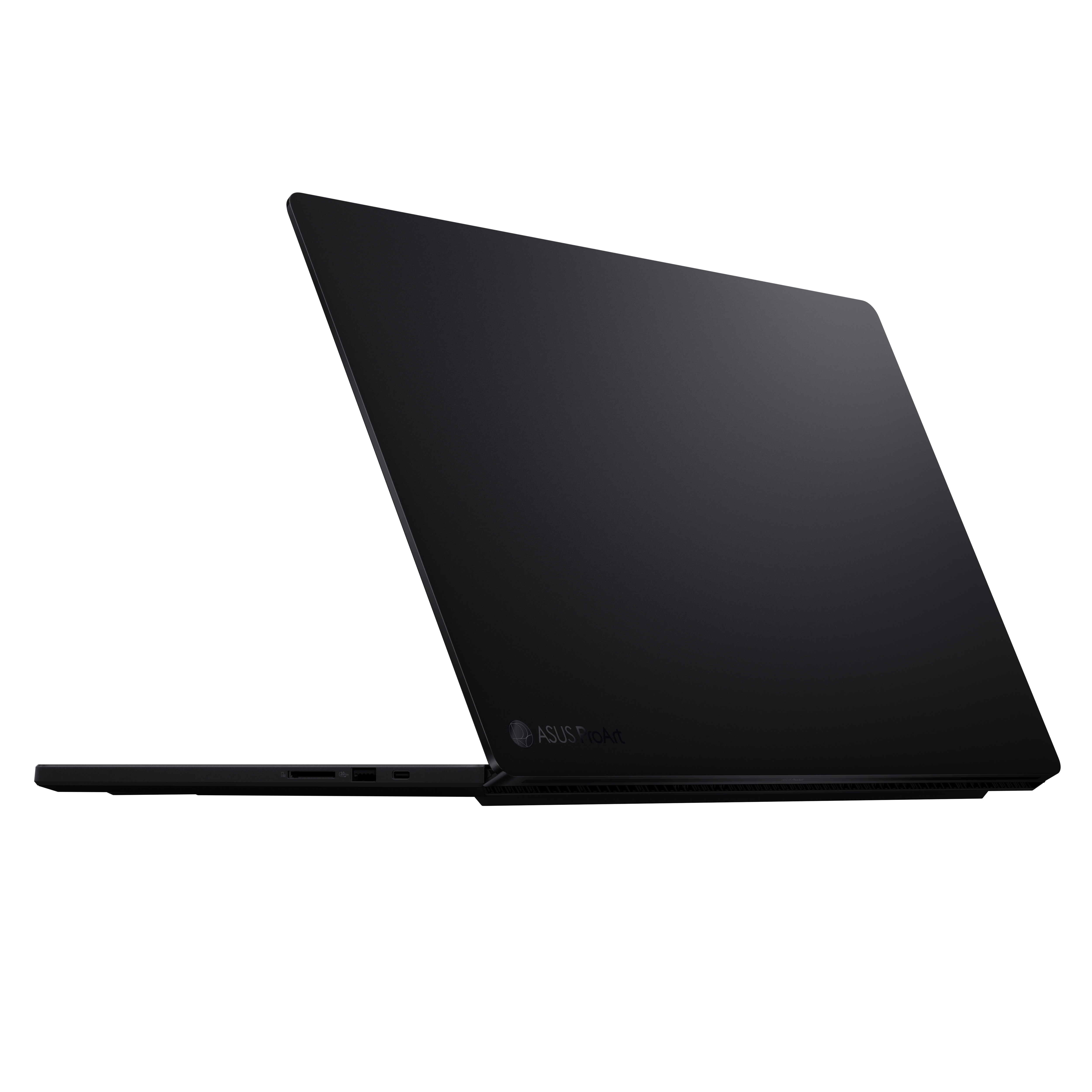 Schwarzer Laptop, geschlossen, mit dem ASUS ProArt-Logo auf der Rückseite.