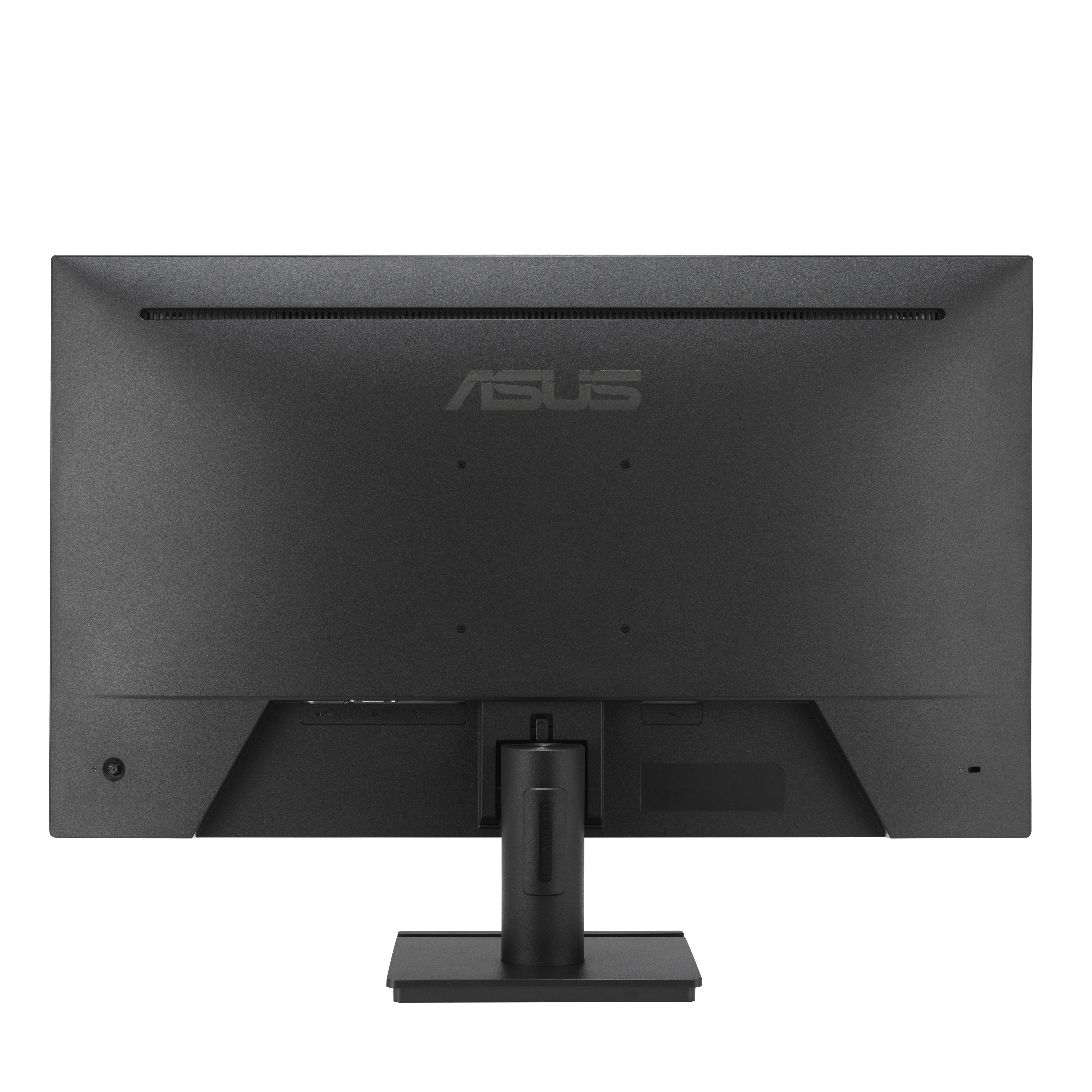 Rückseite eines schwarzen ASUS-Monitors mit Ständer. Das ASUS-Logo ist sichtbar.
