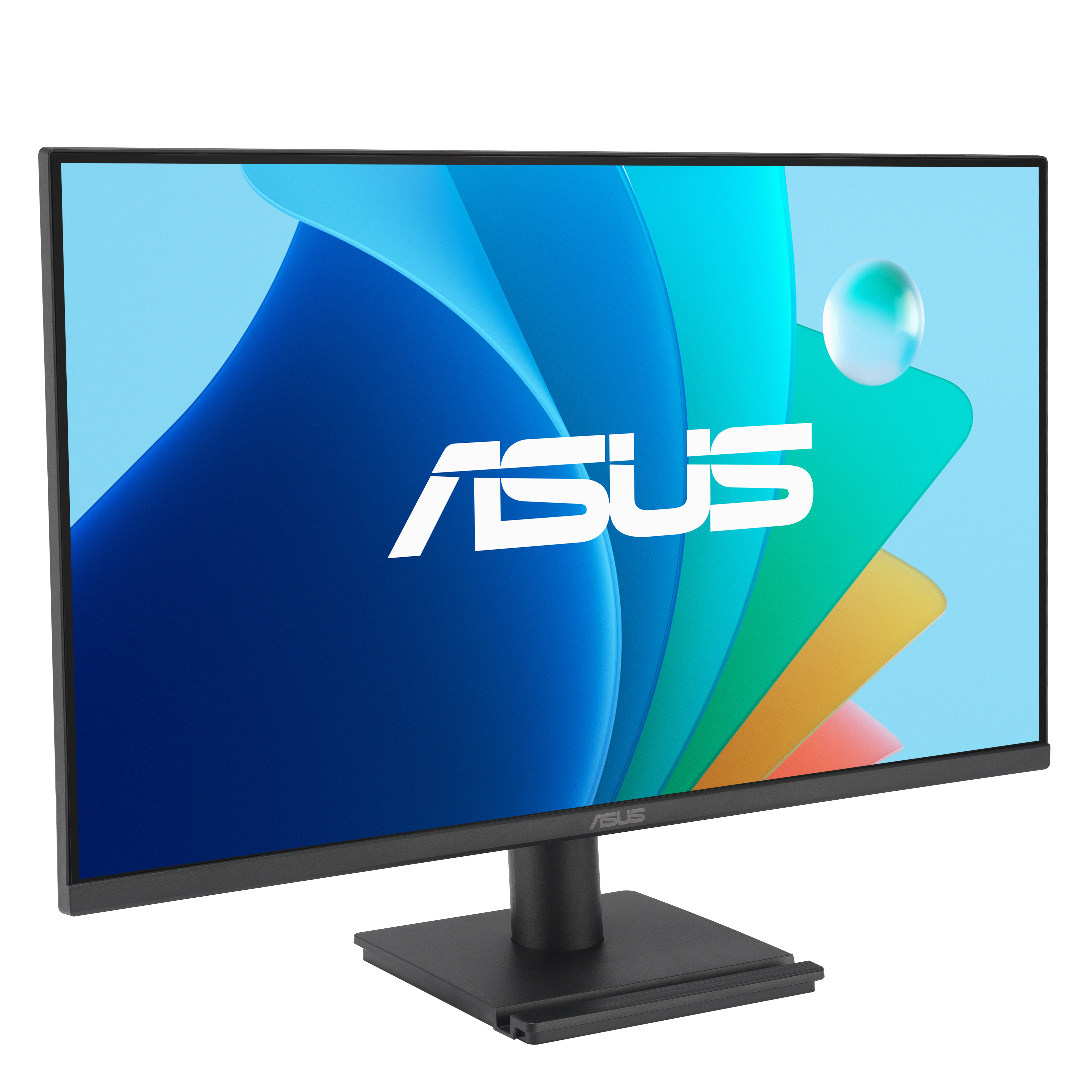 ASUS-Monitor mit blauem und grünem Hintergrund. Das ASUS-Logo ist auf dem Bildschirm.