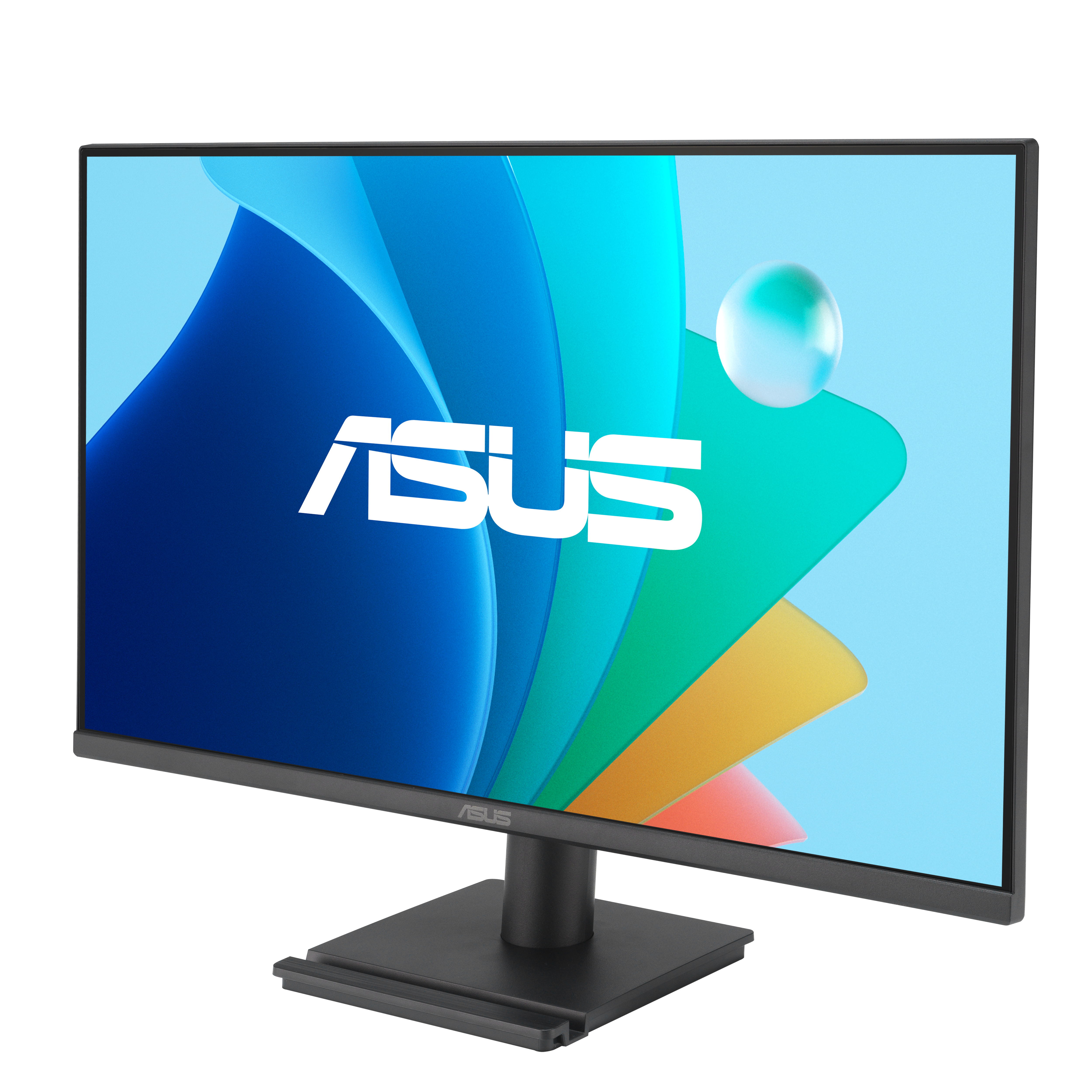 Ein ASUS-Monitor mit farbenfrohem Bildschirm und schwarzem Fuß.