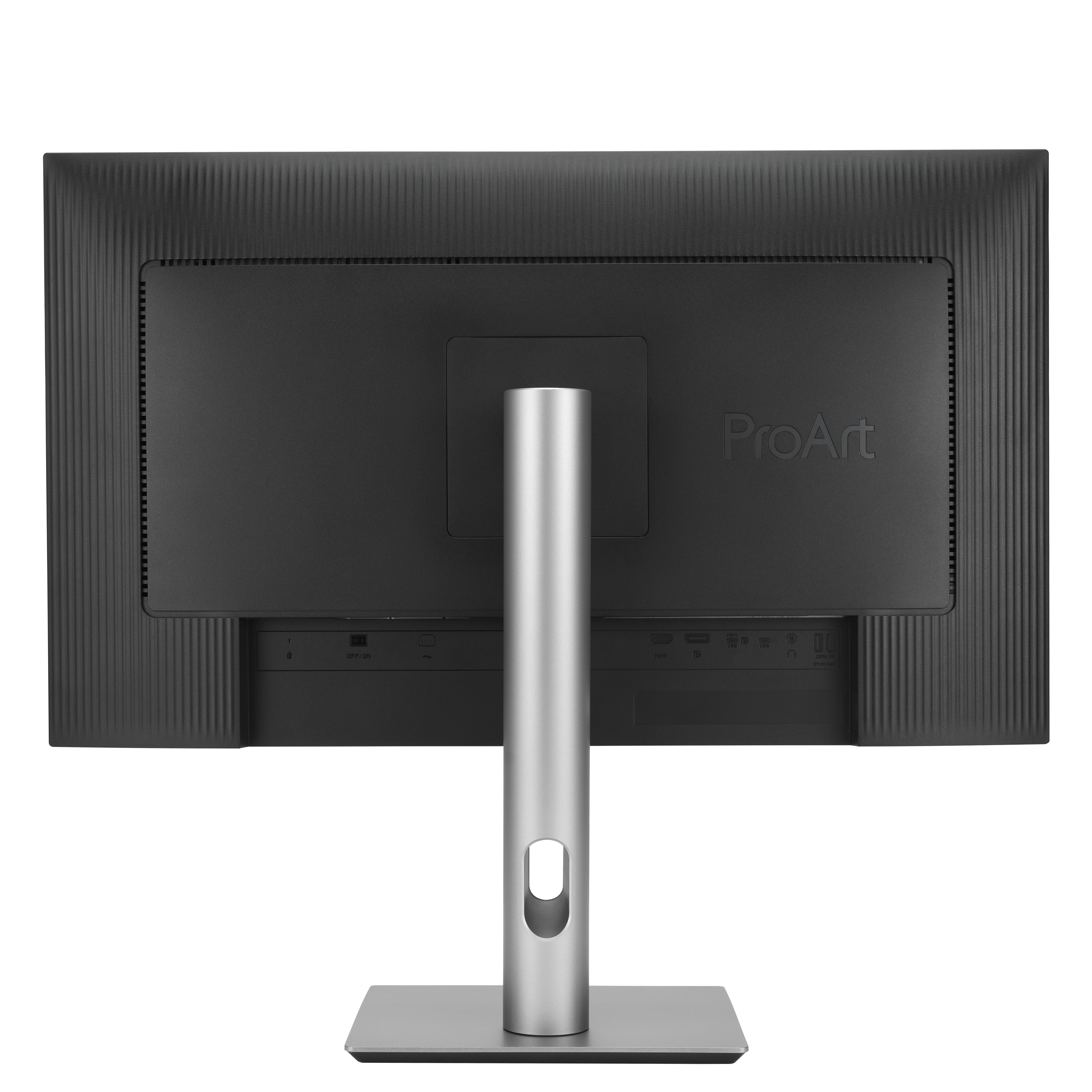 Rückansicht eines ASUS ProArt-Monitors mit Anschlüssen und Ständer.