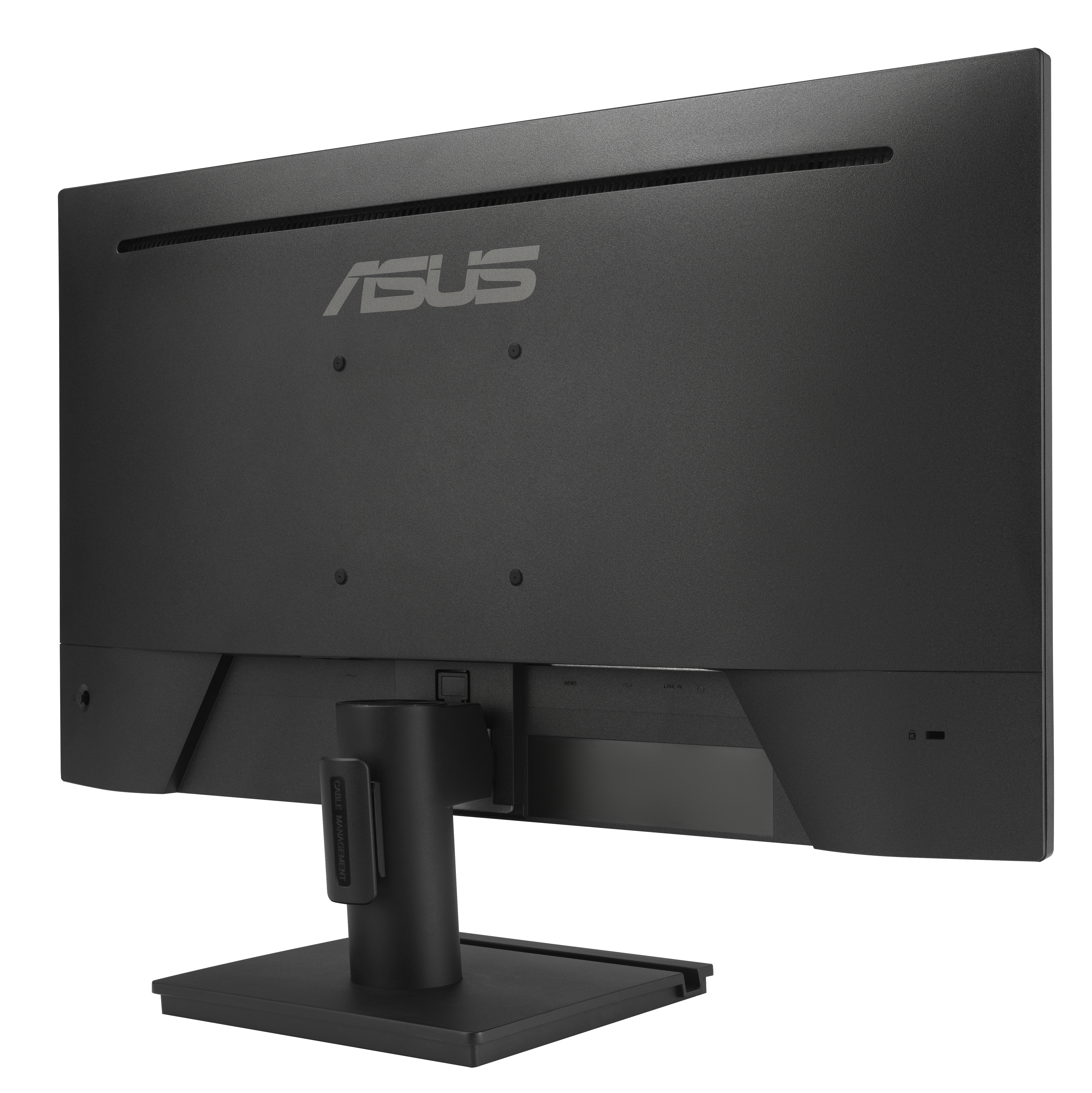 Ein ASUS-Monitor mit schwarzem Ständer und blau-grünem Hintergrund.