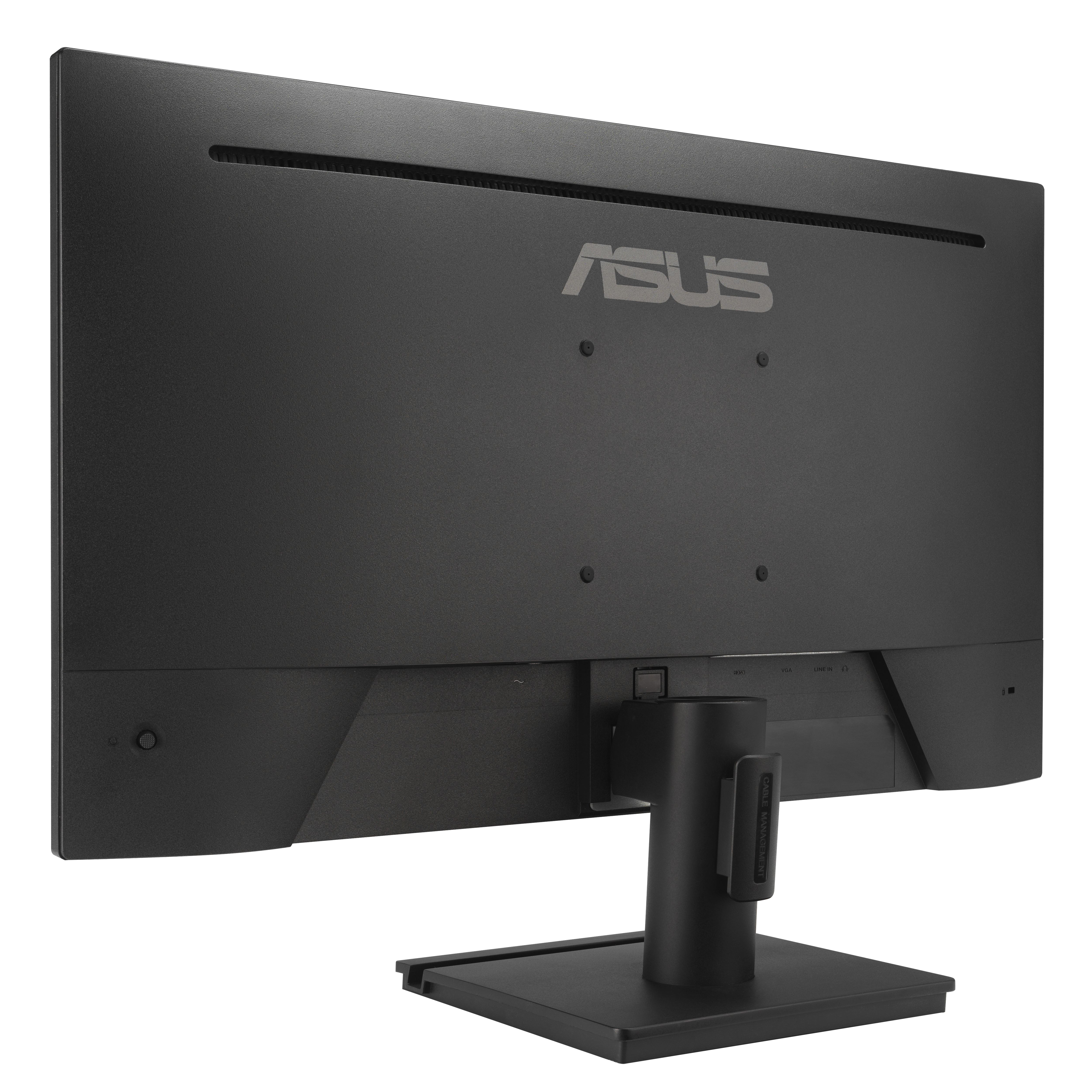 Ein ASUS-Monitor mit schwarzem Ständer und blau-grünem Hintergrund.