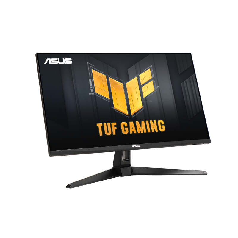 Monitor angewinkelt. ASUS-Logo oben links. TUF GAMING-Text. Schwarz-gelbes Design, Ständer sichtbar.
