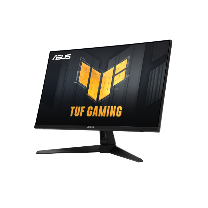 ASUS TUF Gaming Monitor. Schwarzer Rahmen, gelbes Logo und TUF Gaming-Text auf dem Bildschirm.