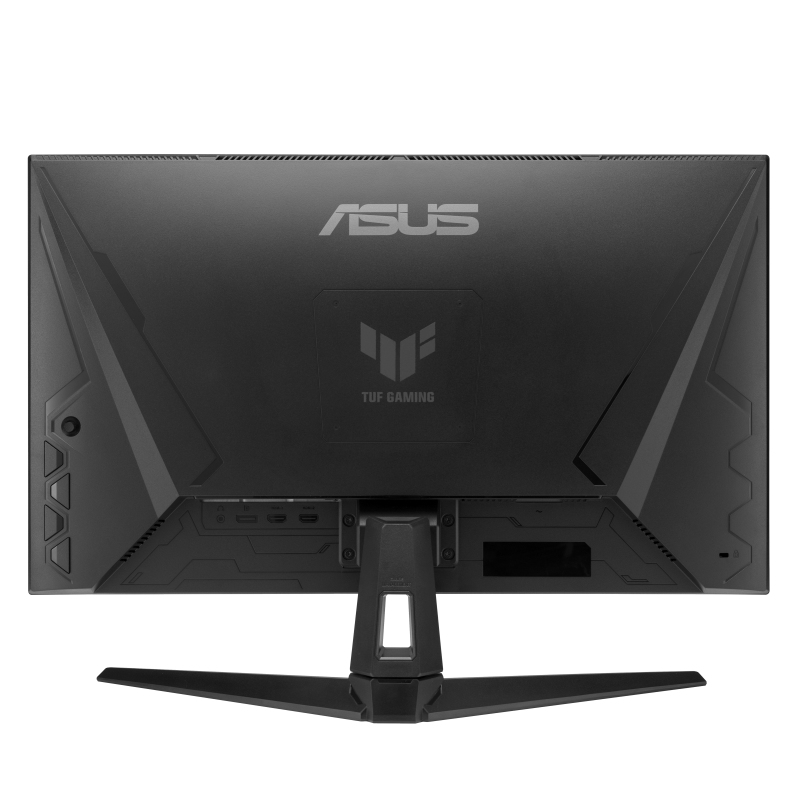Rückseite des ASUS TUF Gaming Monitors. Schwarz mit ASUS-, TUF Gaming-Logos, Anschlüssen und Ständer.