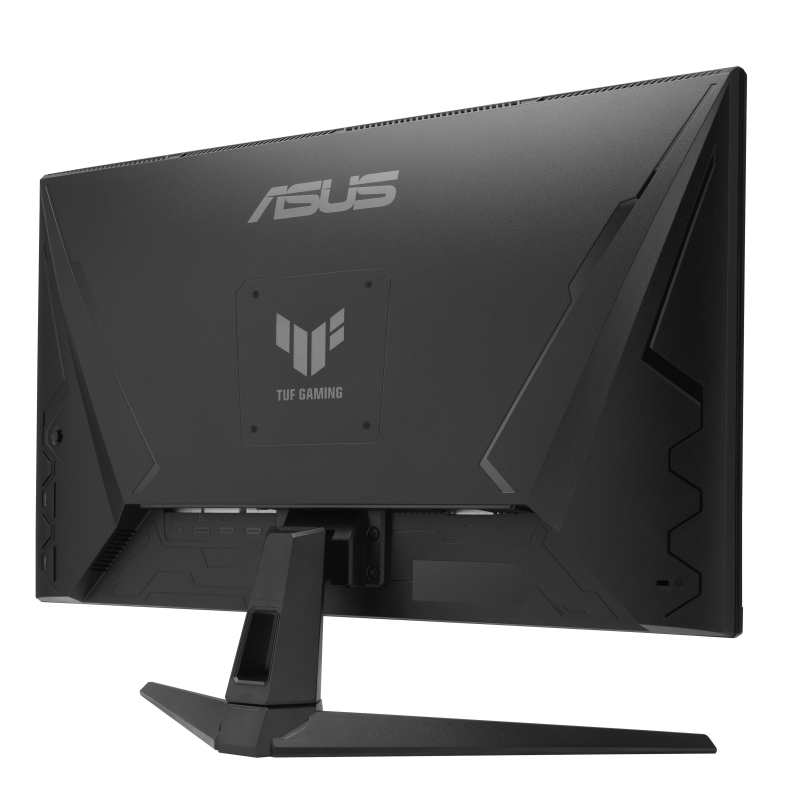 Rückseite des ASUS TUF Gaming Monitors. Schwarz mit ASUS-, TUF Gaming-Logos, Anschlüssen und Ständer.