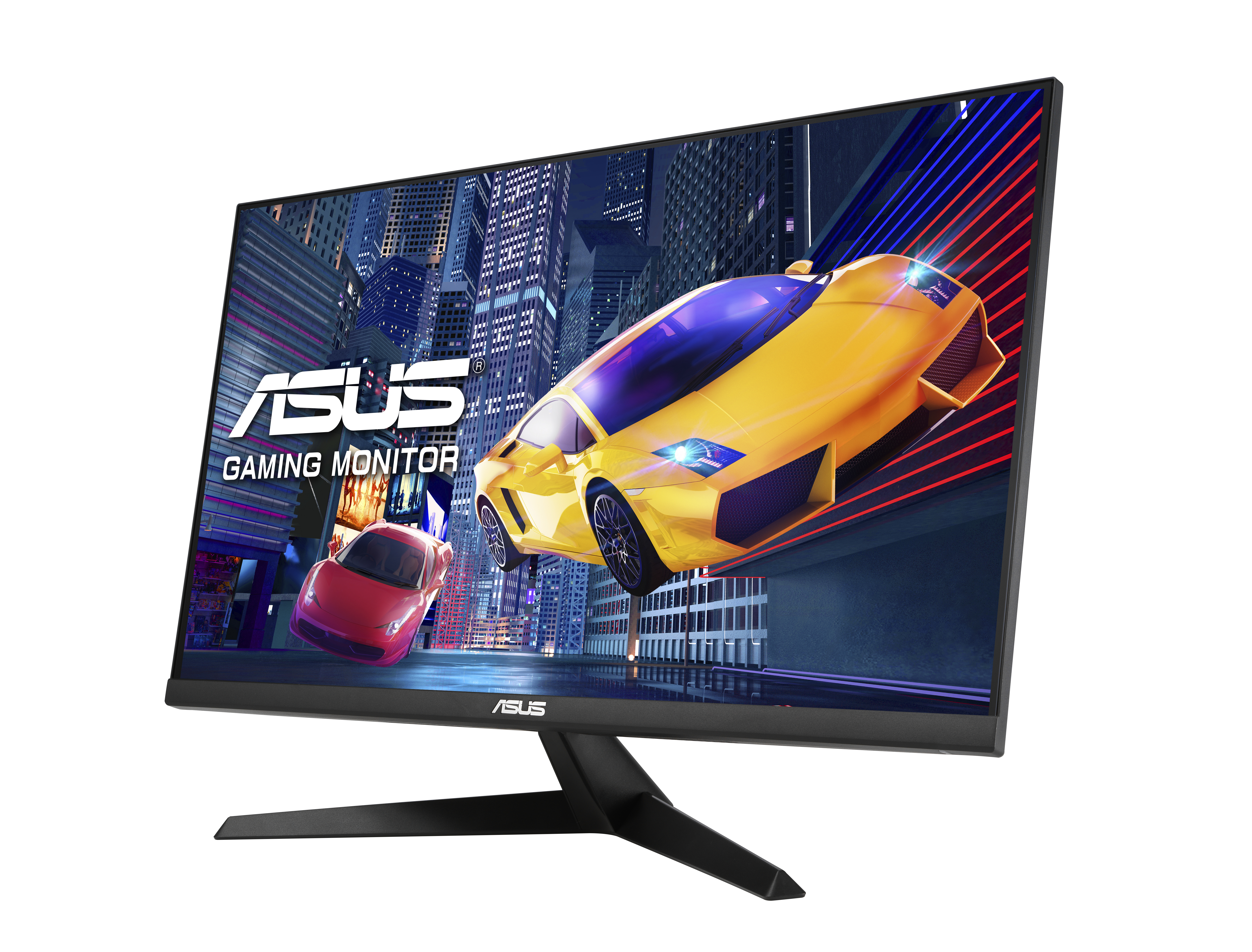 Ein schwarzer Computermonitor, der eine Rennspielszenen mit Autos aus einem Winkel anzeigt.