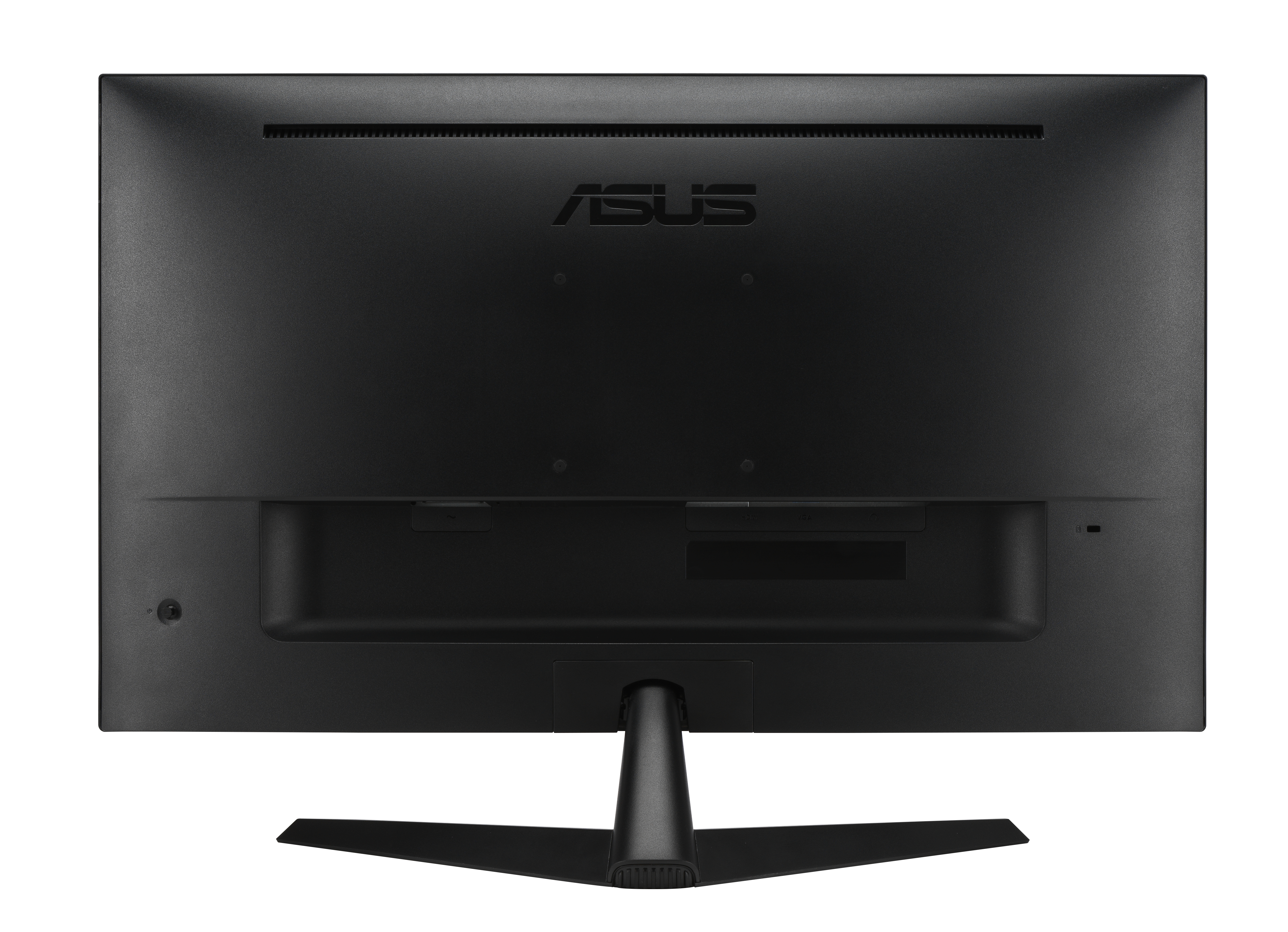 Rückansicht eines schwarzen Computermonitors mit Anschlüssen, Branding und Ständerbefestigung.