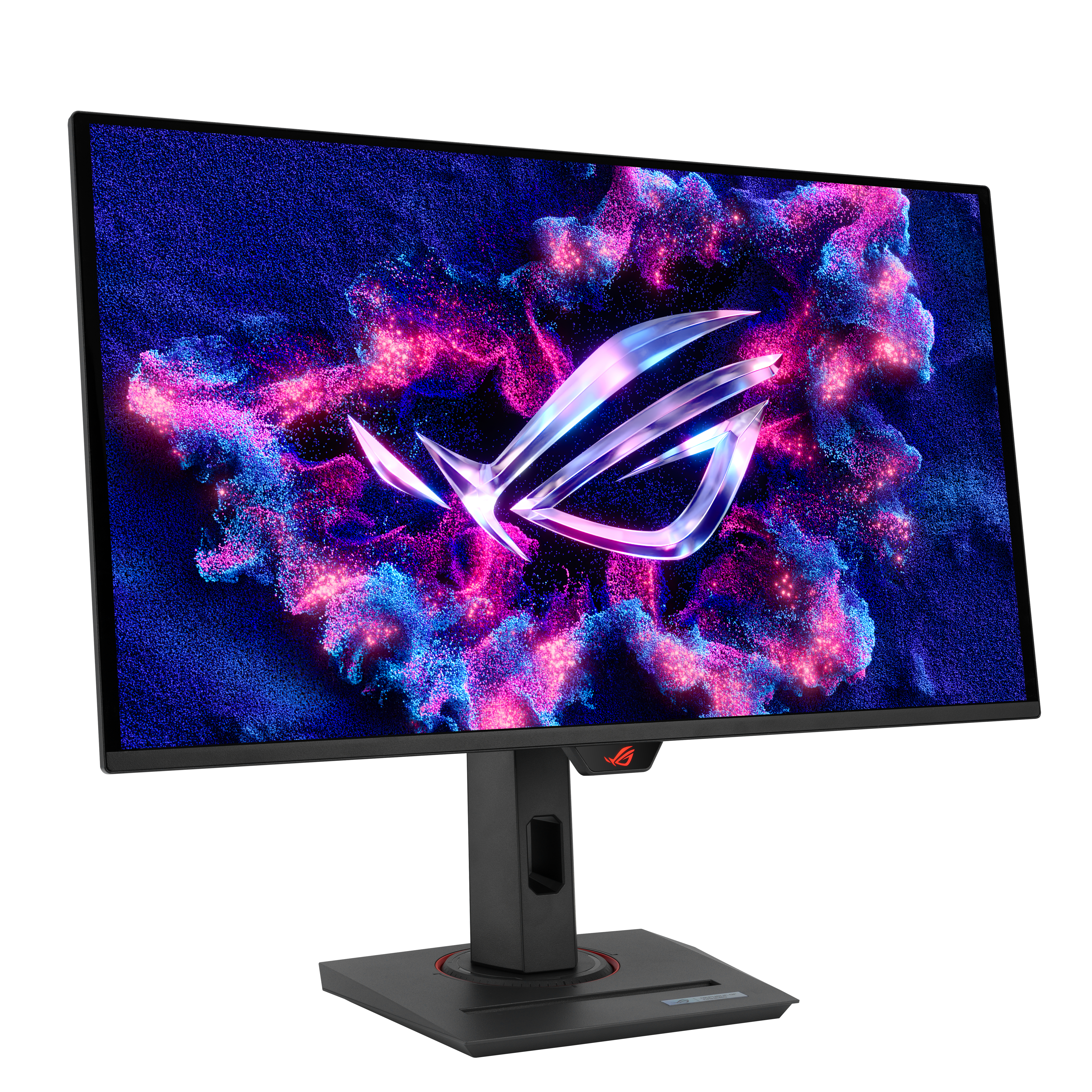 Ein schwarzer Computermonitor mit abstraktem Hintergrund und dem ROG-Logo.