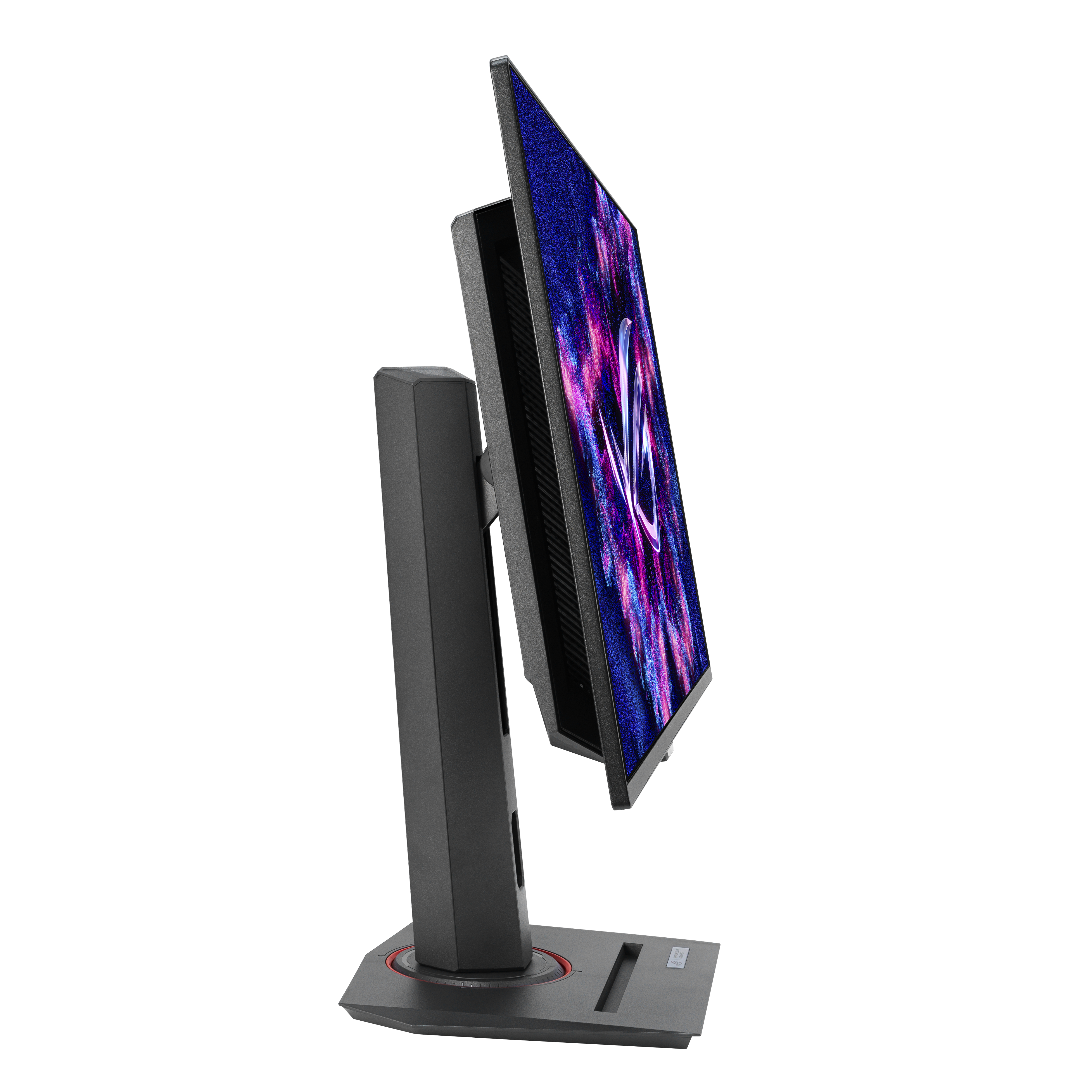 Seitenansicht eines schwarzen Monitors mit Ständer. Der Bildschirm zeigt ein farbenfrohes Bild.