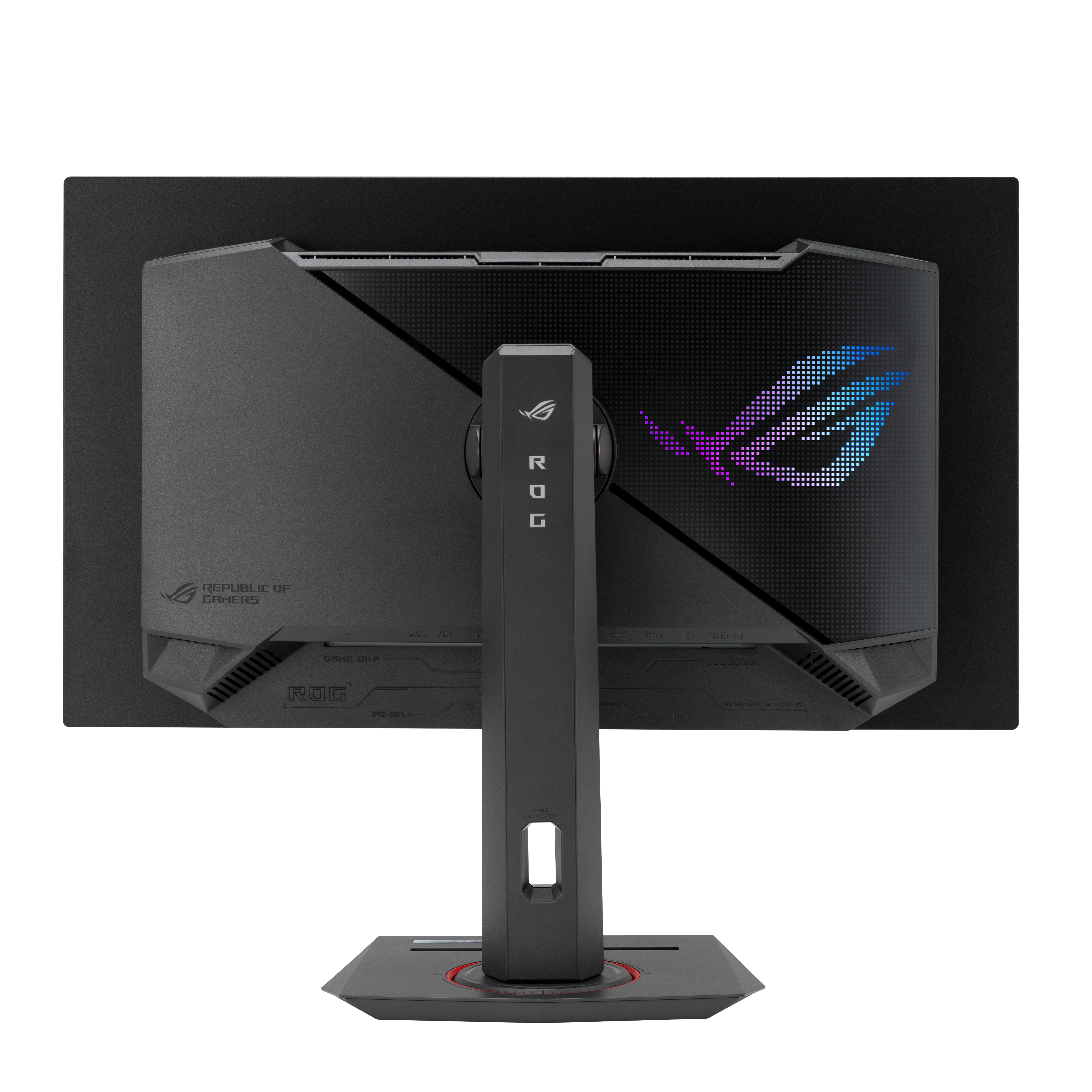 Rückansicht eines schwarzen Monitors mit Ständer. Das ROG-Logo leuchtet farbig.