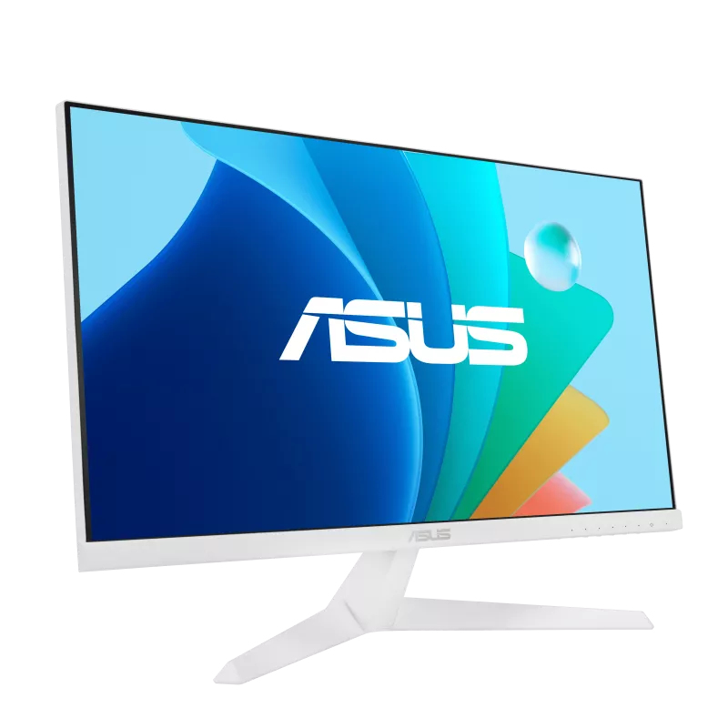 Schräge Ansicht eines weißen ASUS-Monitors mit weißem Ständer. Der Bildschirm zeigt ein Design.