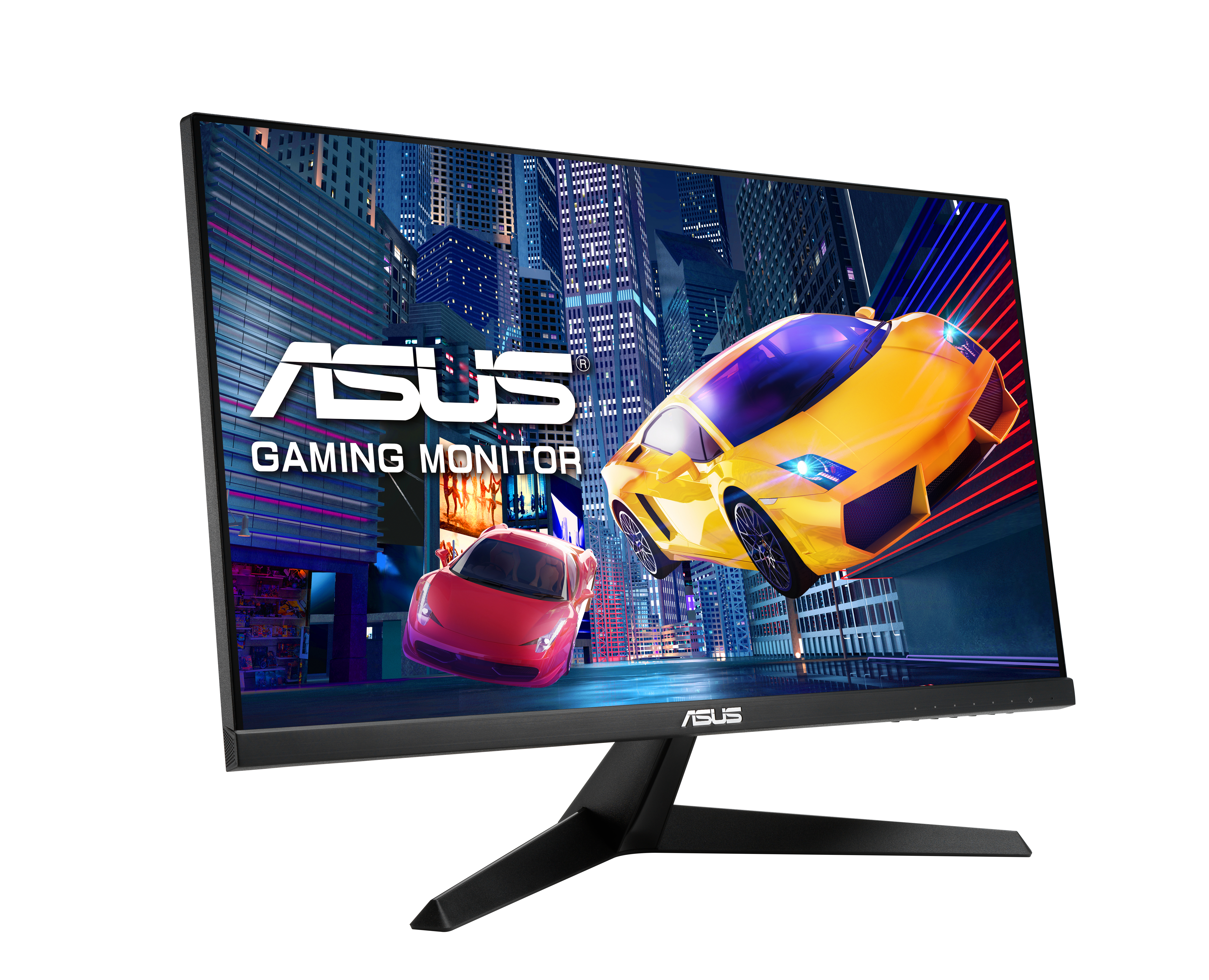 ASUS Gaming-Monitor, der eine Rennspielszenen zeigt.