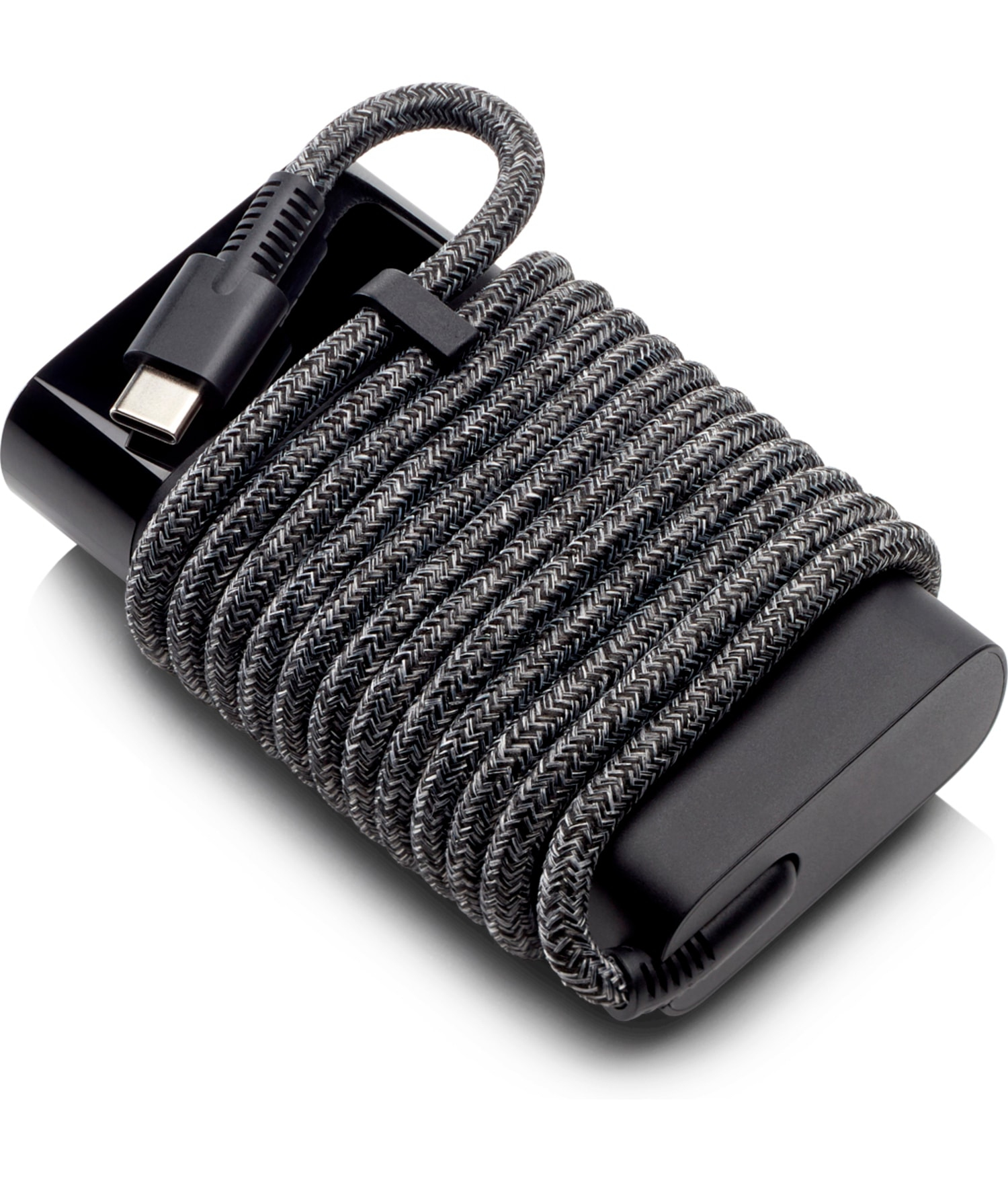 Schwarzes Ladegerät mit gewickeltem grau-schwarzem Kabel und schwarzem Stecker.