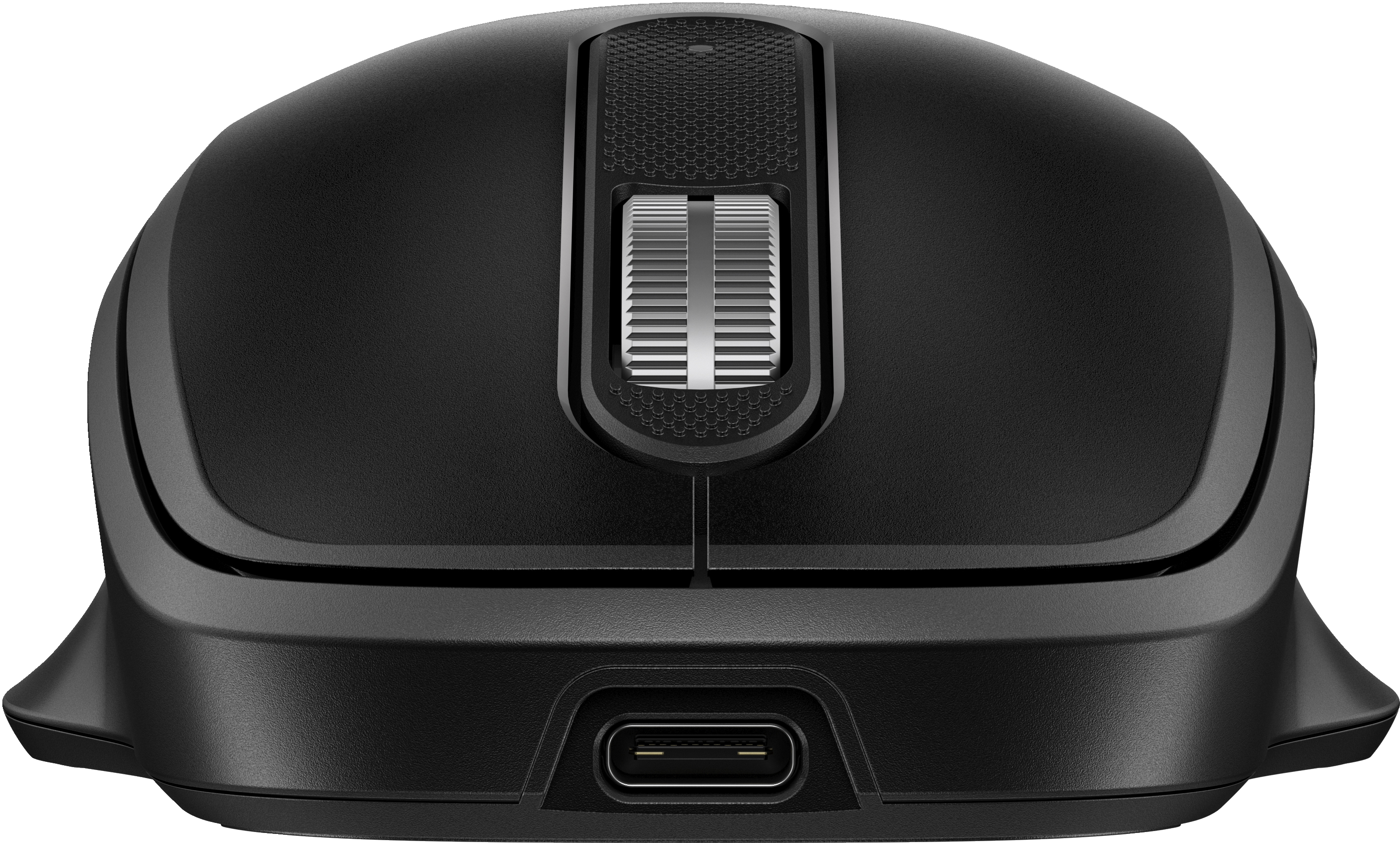 Schwarze Maus, Vorderansicht, mit Scrollrad und USB-C-Anschluss.