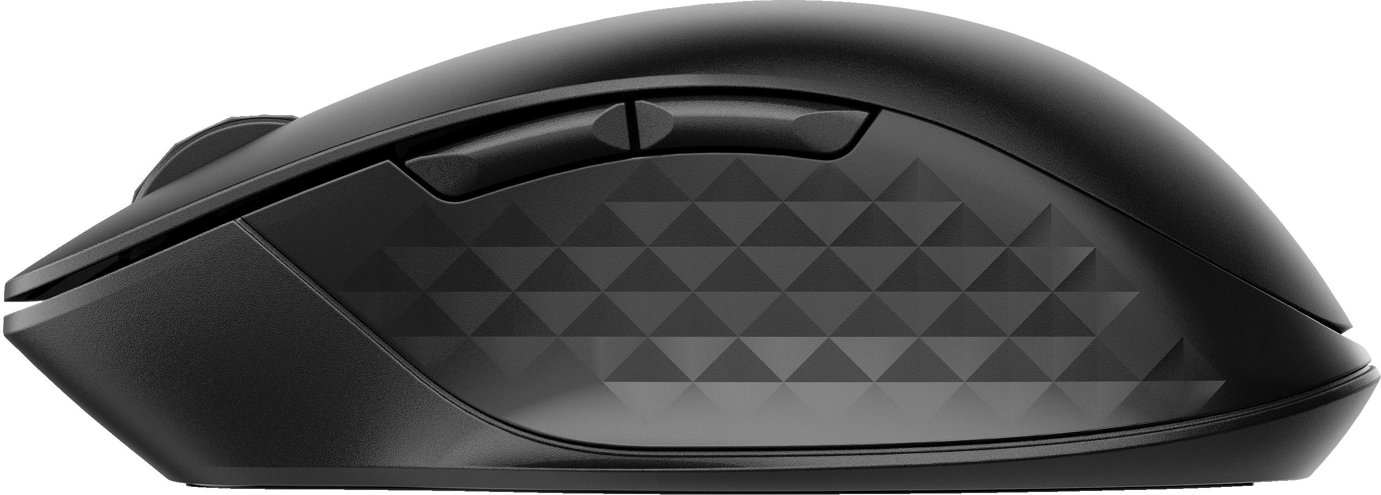 Schwarze Maus, Draufsicht, mit HP-Logo, Scrollrad und schwarzer Oberfläche.