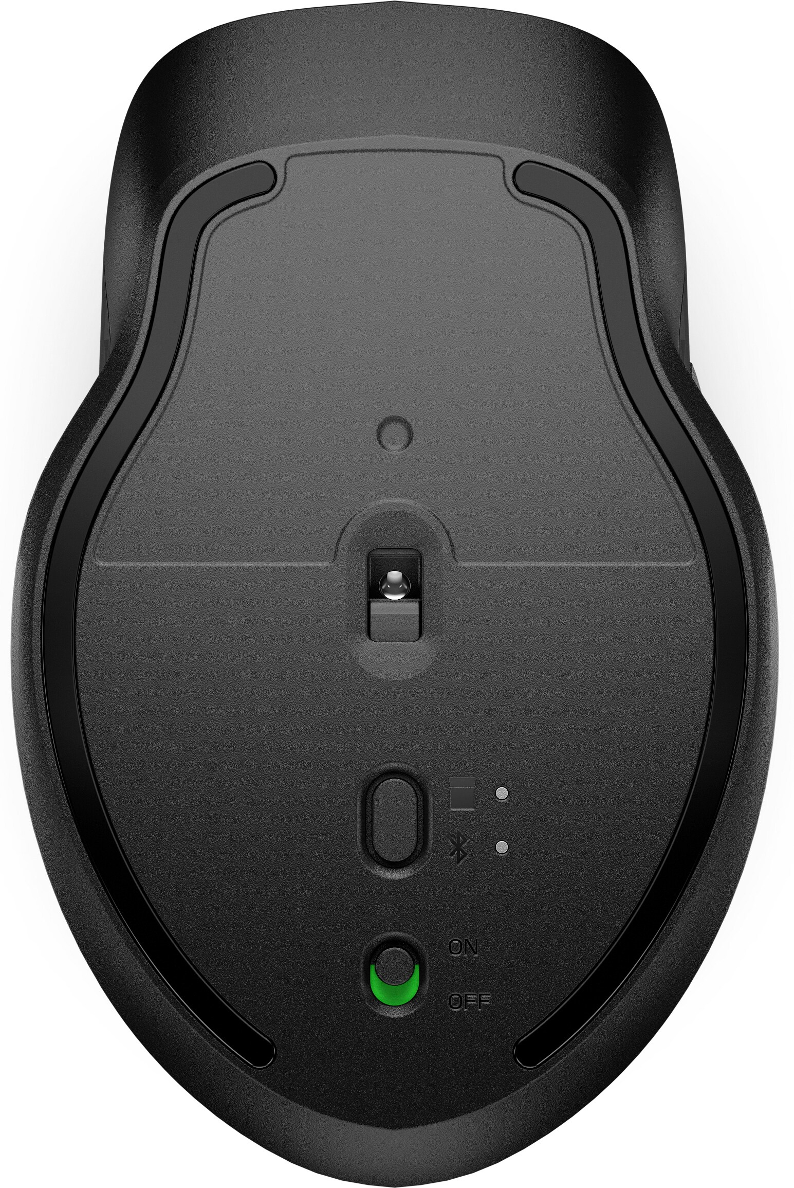 Schwarze Unterseite der Computermaus. Mit Ein-/Ausschalter, Bluetooth-Anzeige und optischem Sensor.