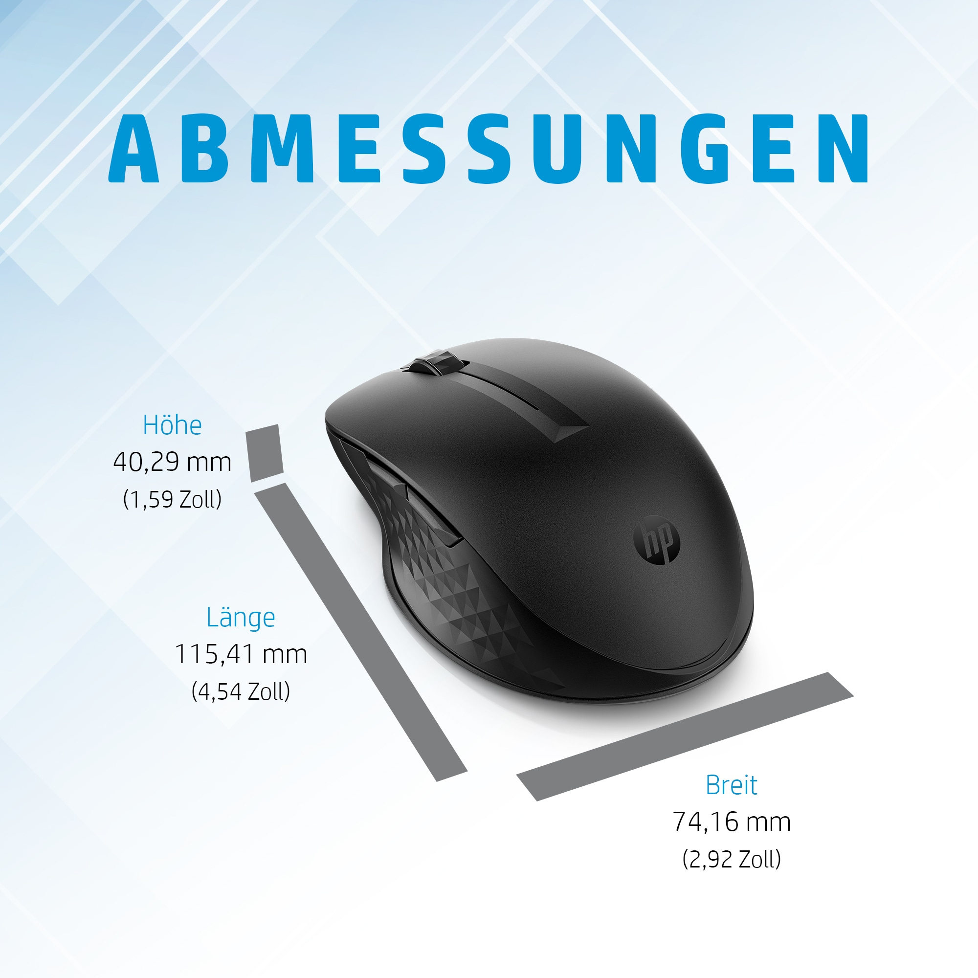 Schwarze Maus mit Maßangaben. Höhe 40,29 mm, Länge 115,41 mm, Breite 74,16 mm.