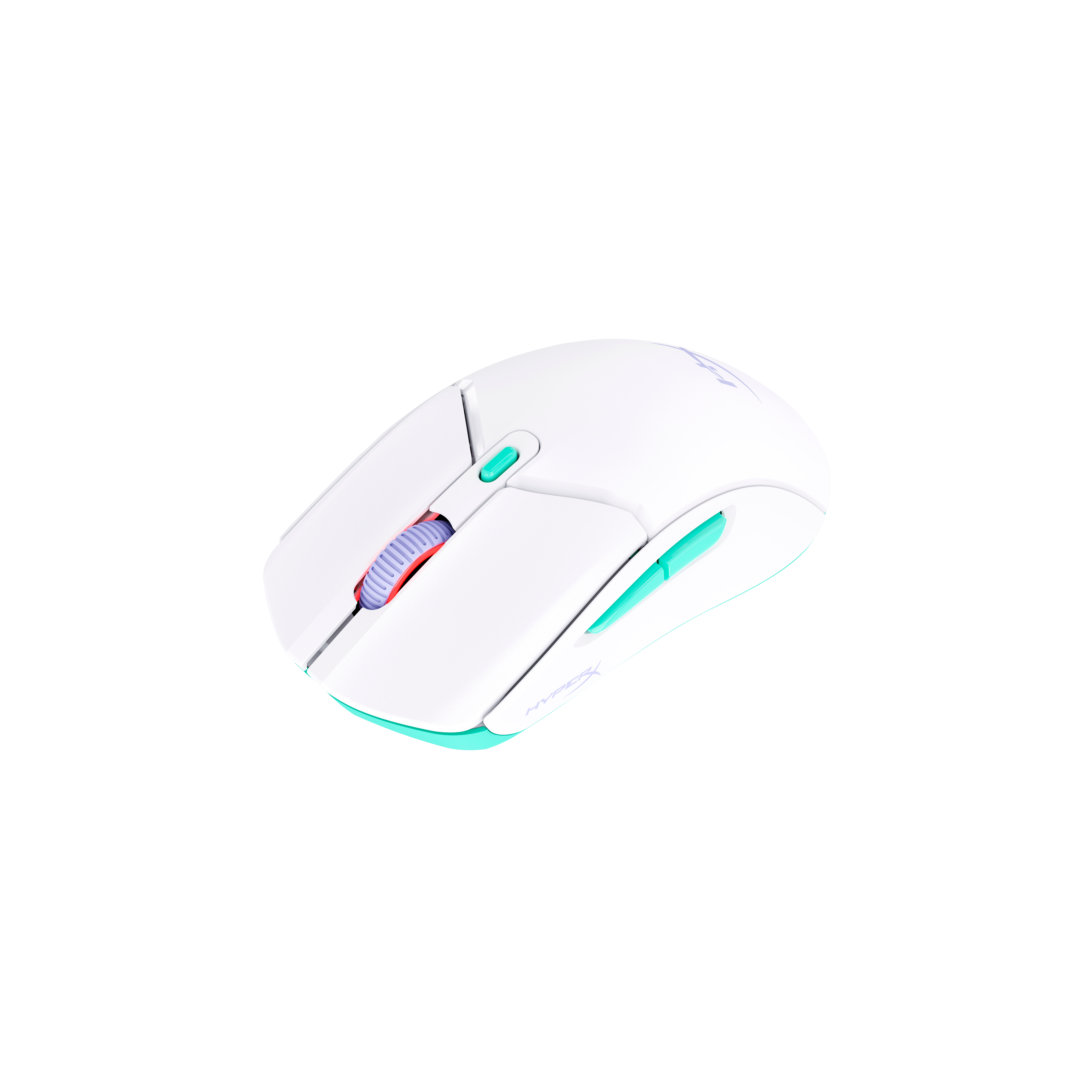 White gaming mouse with purple and teal accents. HyperX logo.