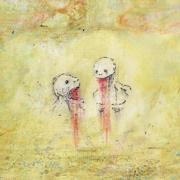 Kunstwerk mit zwei Figuren. Rote Linien deuten Blut an. Gelber und beiger Hintergrund, abstrakt und beunruhigend.