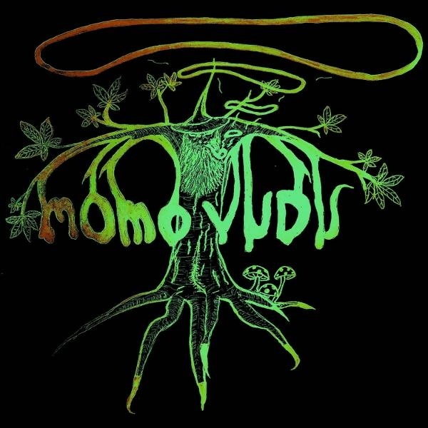 Grüne Illustration eines Baumes mit Gesicht und Text "momo yudhi" in Braun. Schwarzer Hintergrund.