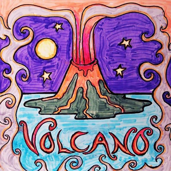 Eine farbenfrohe Zeichnung eines ausbrechenden Vulkans mit Sternen und dem Wort "Volcano".