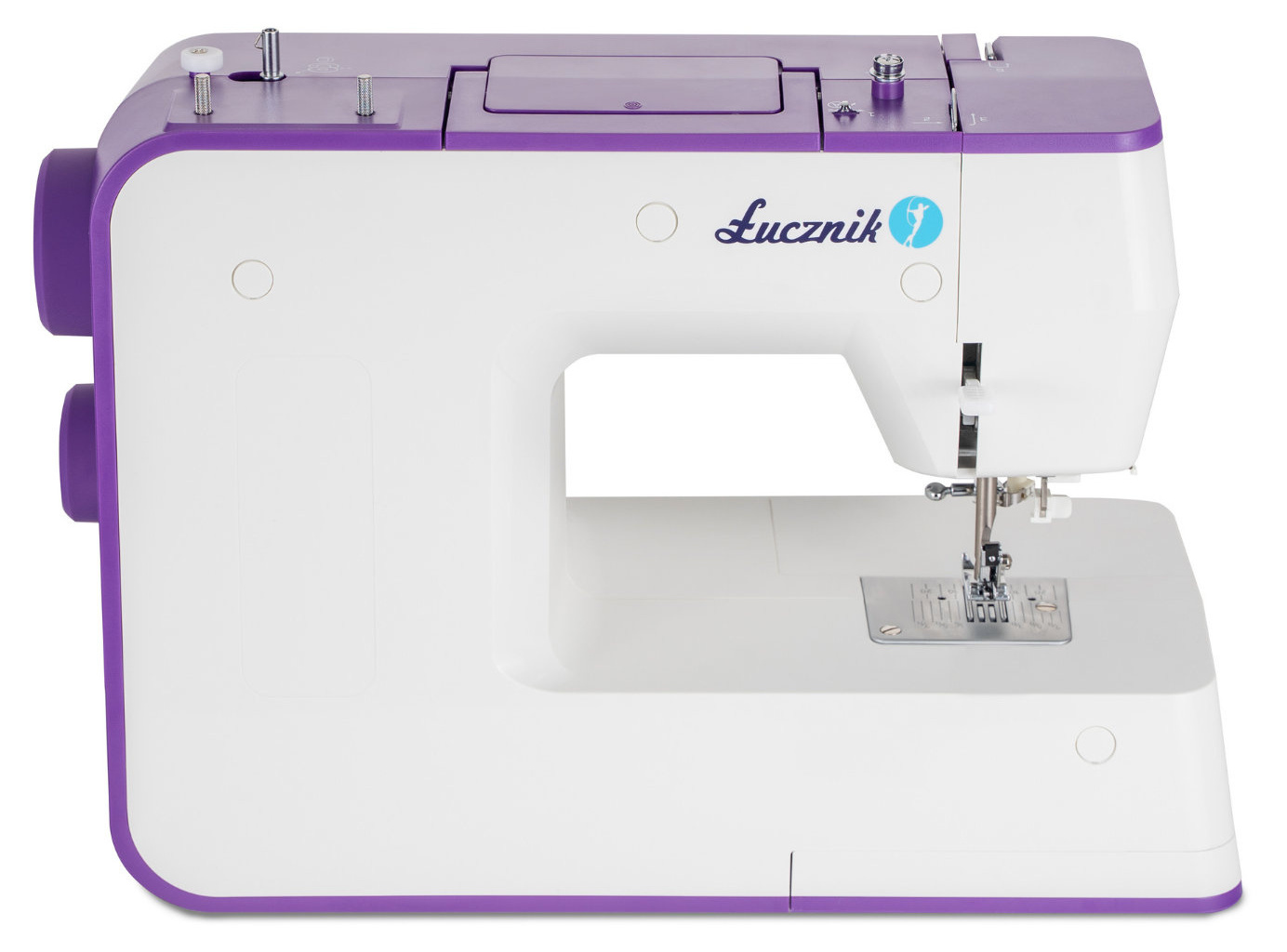 Biało-fioletowa maszyna do szycia. Model Lucznik Teresa. Na białym tle.