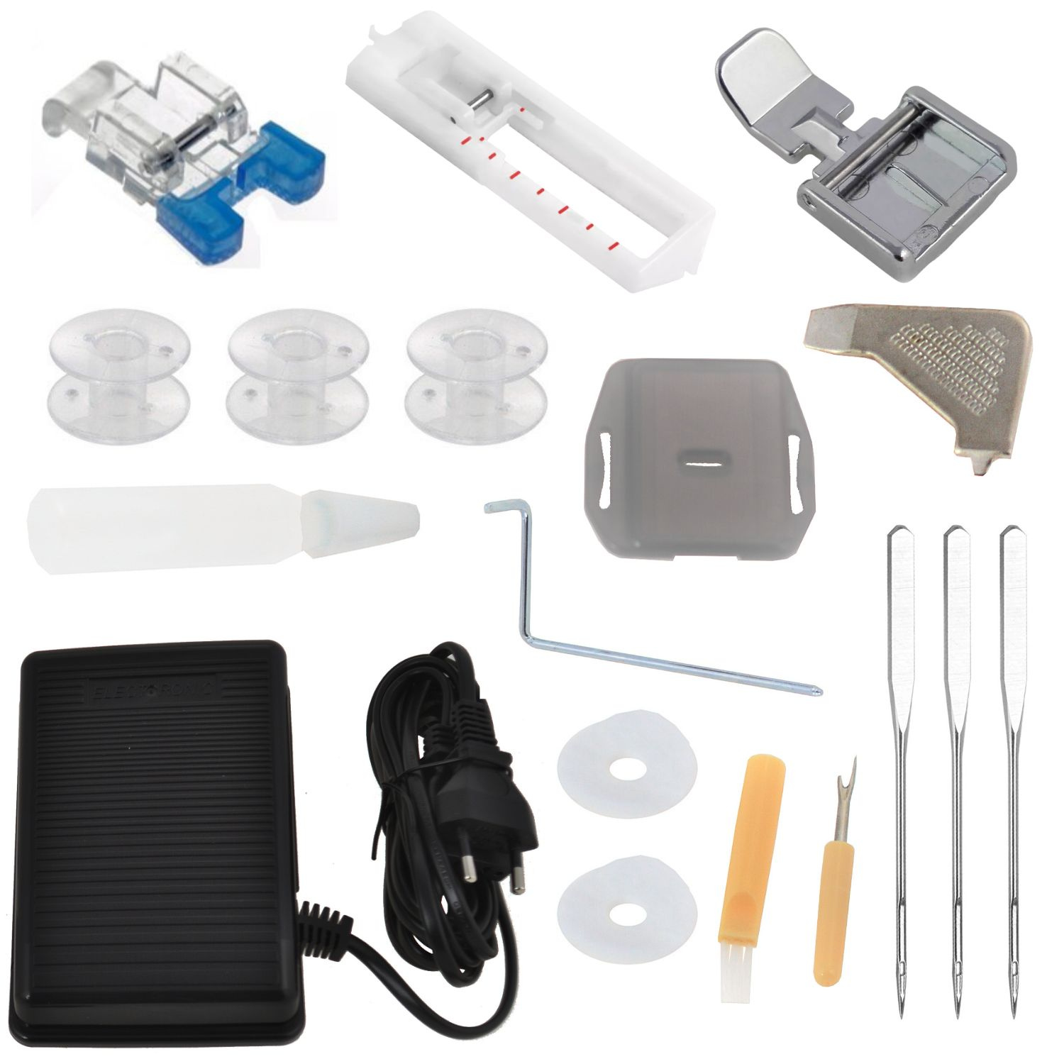 Akcesoria do maszyny do szycia: stopki, szpulki, igła, pedał i obcinacz nici.