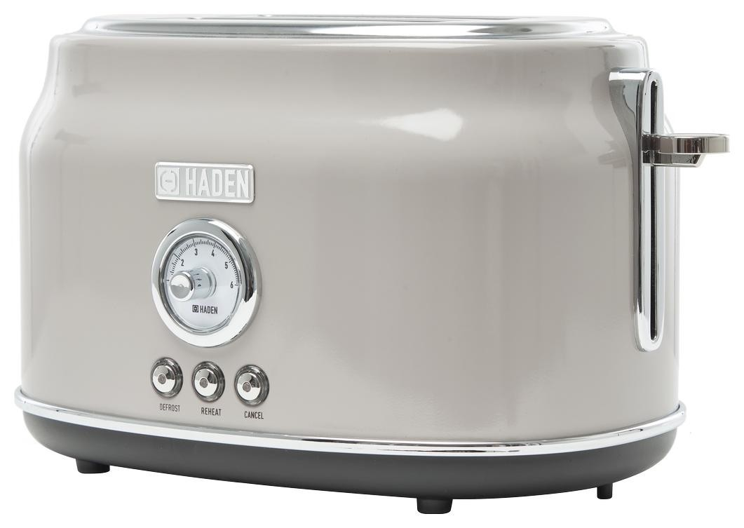 Szary toster z pokrętłem i przyciskami. Widoczna jest nazwa marki Haden.