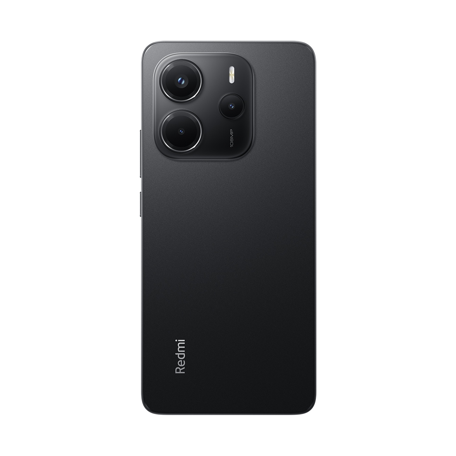 Retro del telefono Redmi nero con fotocamere, su sfondo bianco.