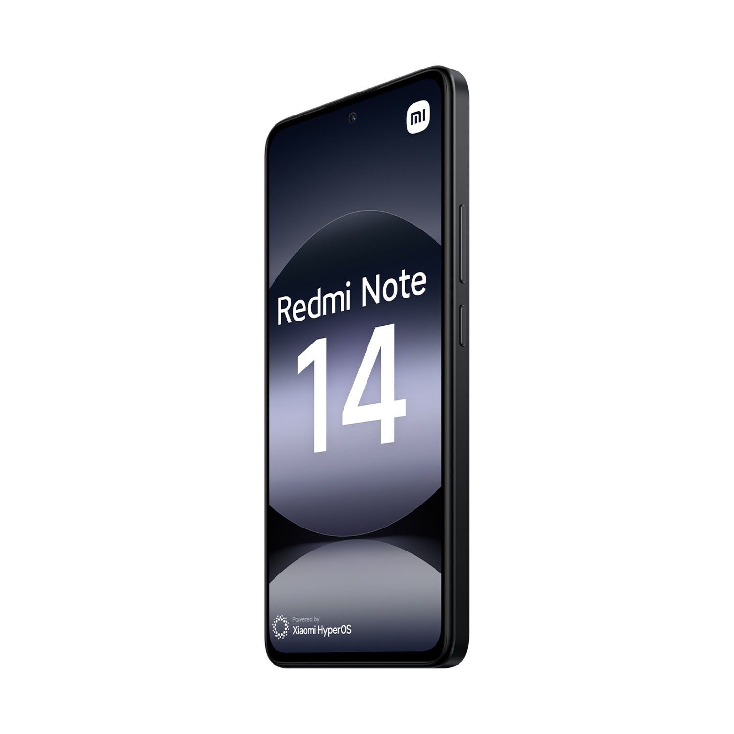 Schermo del telefono Redmi Note 14 angolato, sfondo bianco.