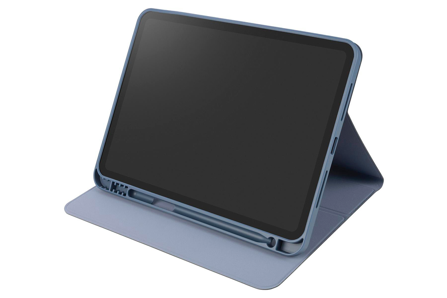 Blaues Tablet in Hülle, offen. Tablet mit schwarzem Bildschirm. Hülle stützt Tablet.