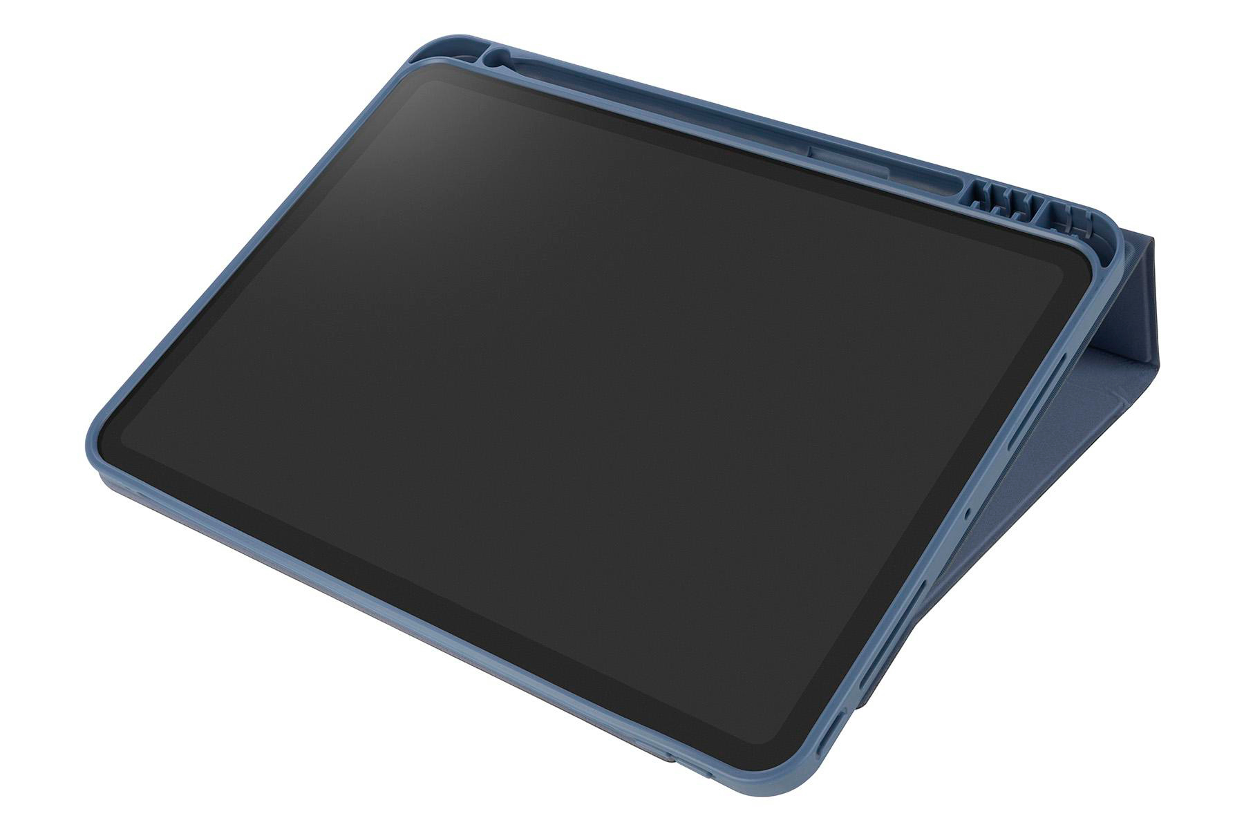 Blaues Tablet in Hülle, offen. Tablet mit schwarzem Bildschirm, Hülle stützt.