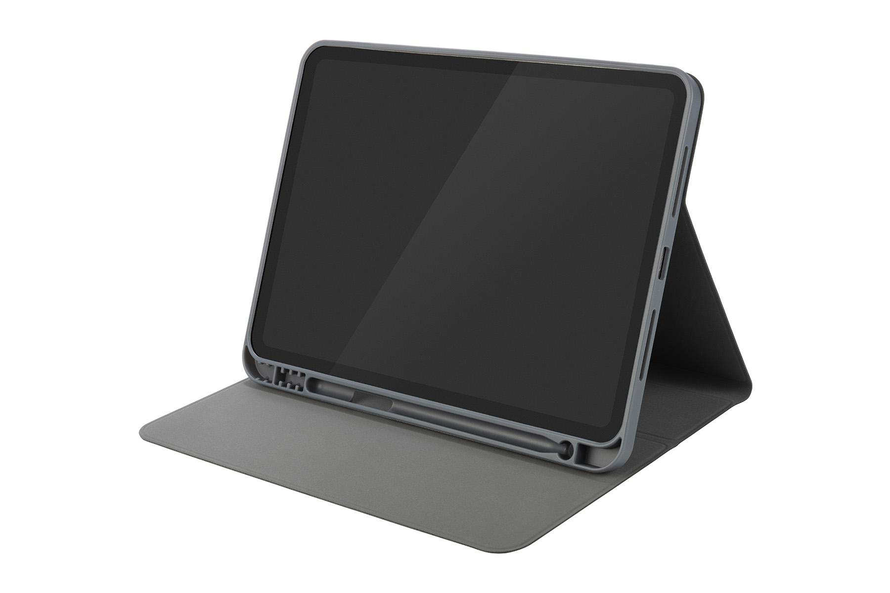 Graues Tablet in Hülle, offen. Tablet mit schwarzem Bildschirm, Hülle stützt.