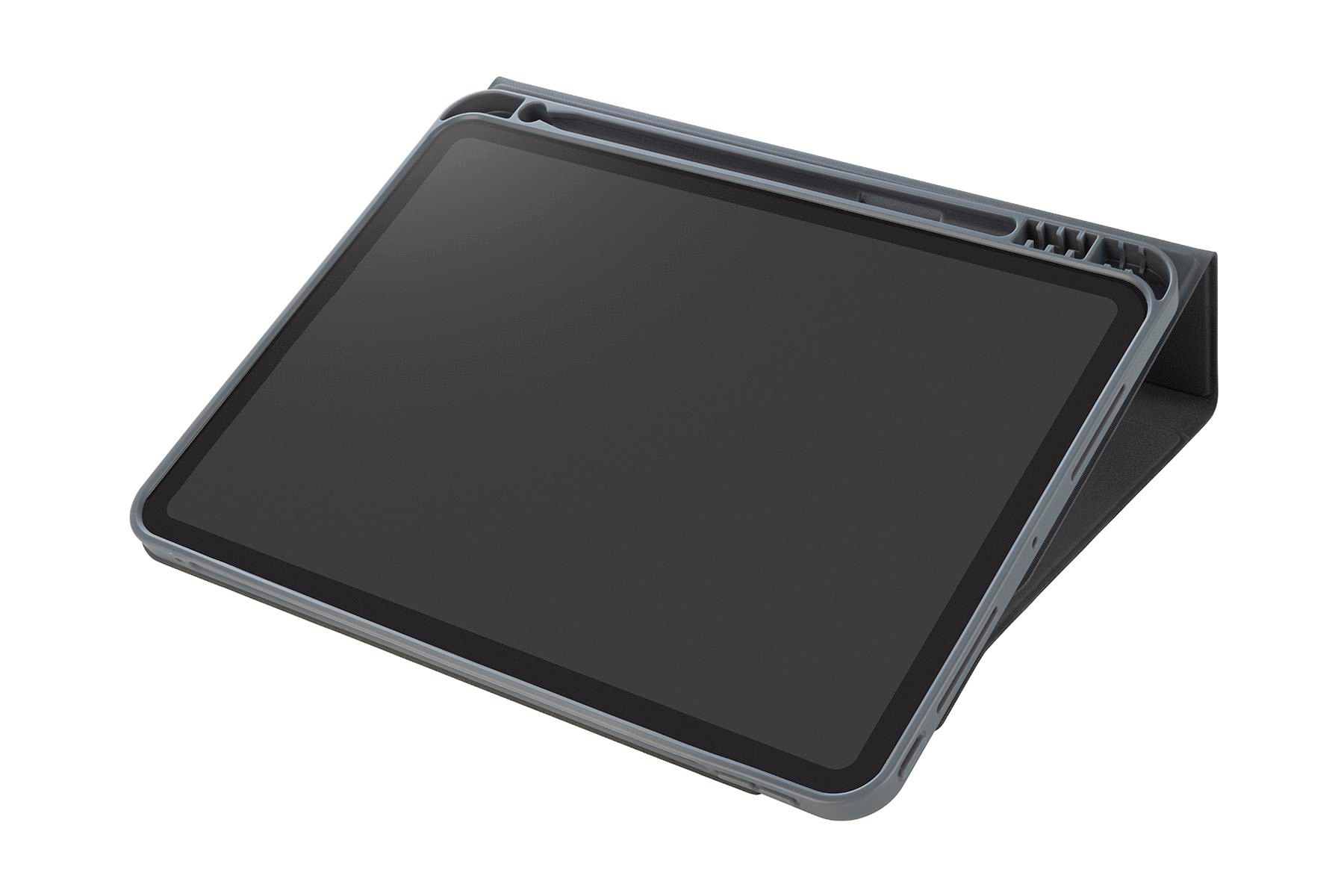 Graues Tablet in Hülle, offen. Tablet mit schwarzem Bildschirm, Hülle stützt.