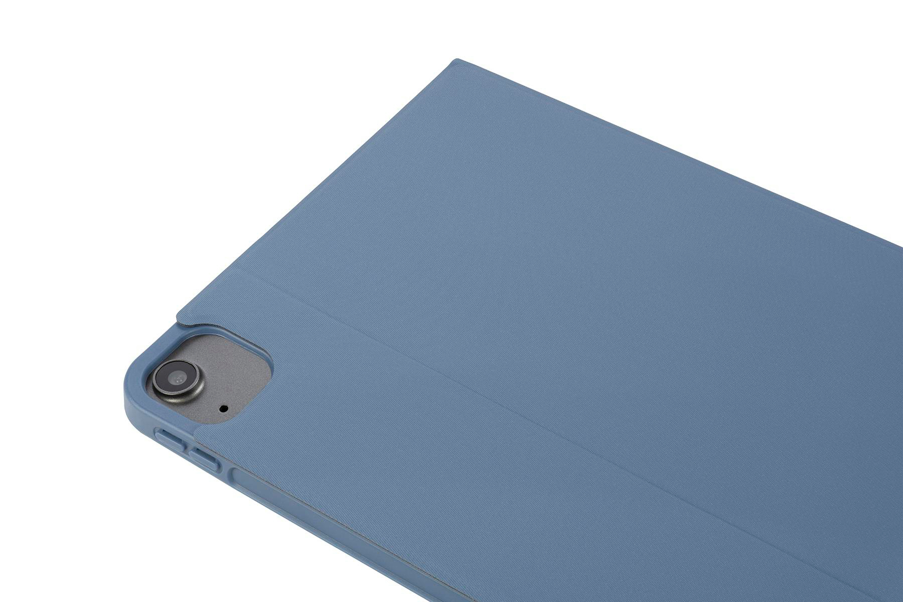 Blaues Tablet in Hülle, geschlossen. Zeigt die Kamera auf dem Tablet.